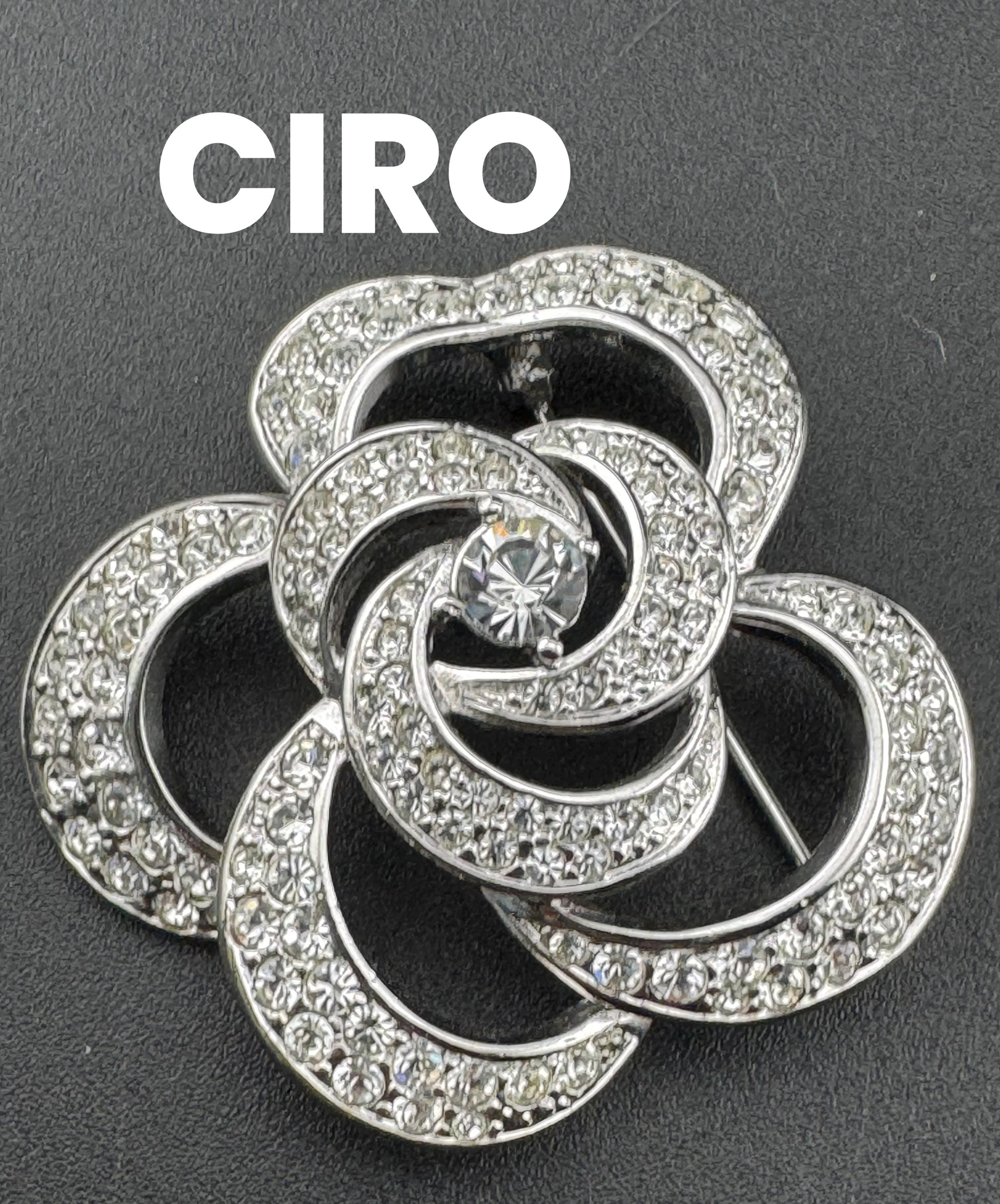 Signed CIRO Vintage clear rhinestone paste diamanté silver tone large floral flower brooch