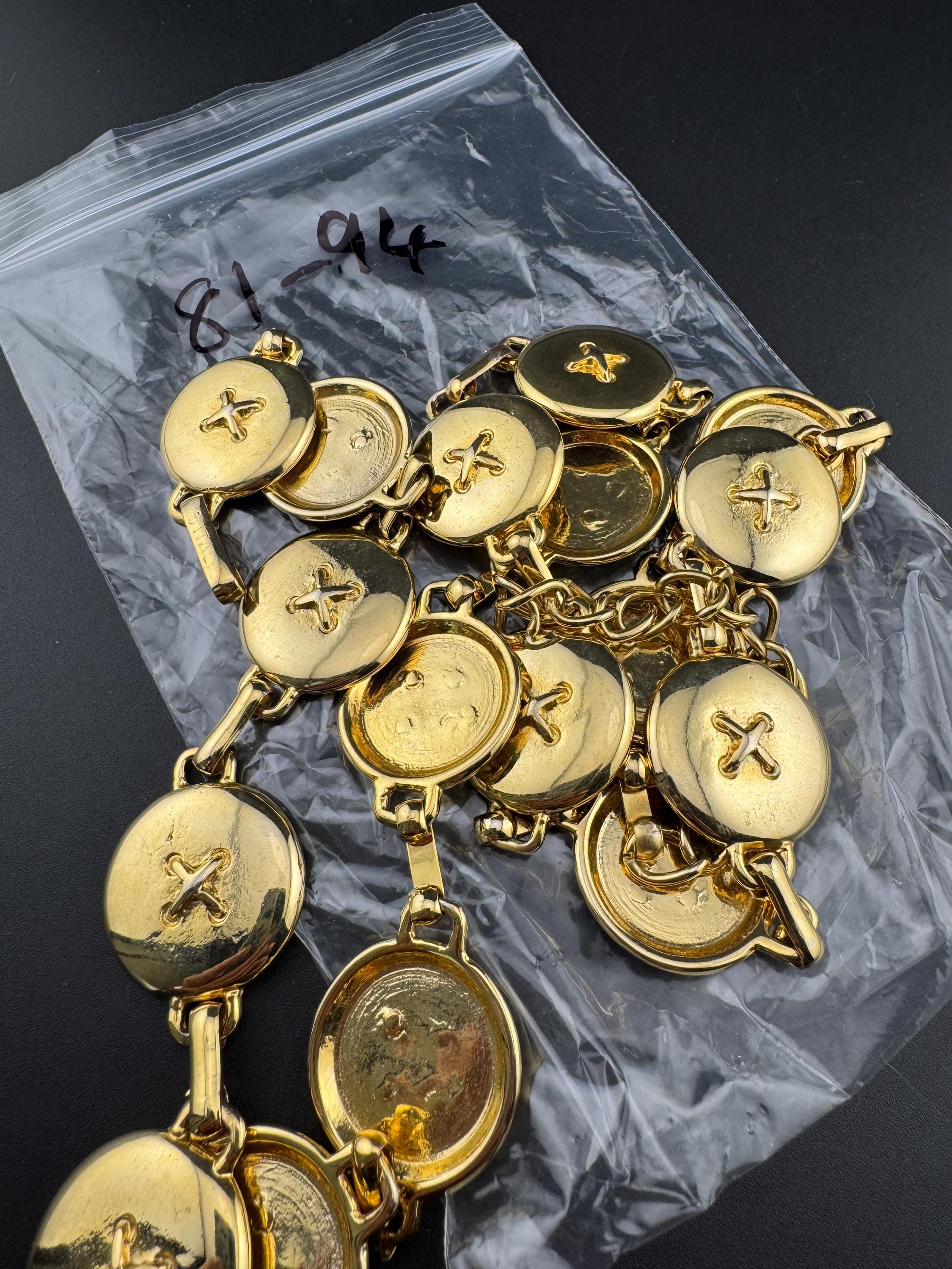 Retro weighty gold tone round button disc rings chain link belt 81-94cm