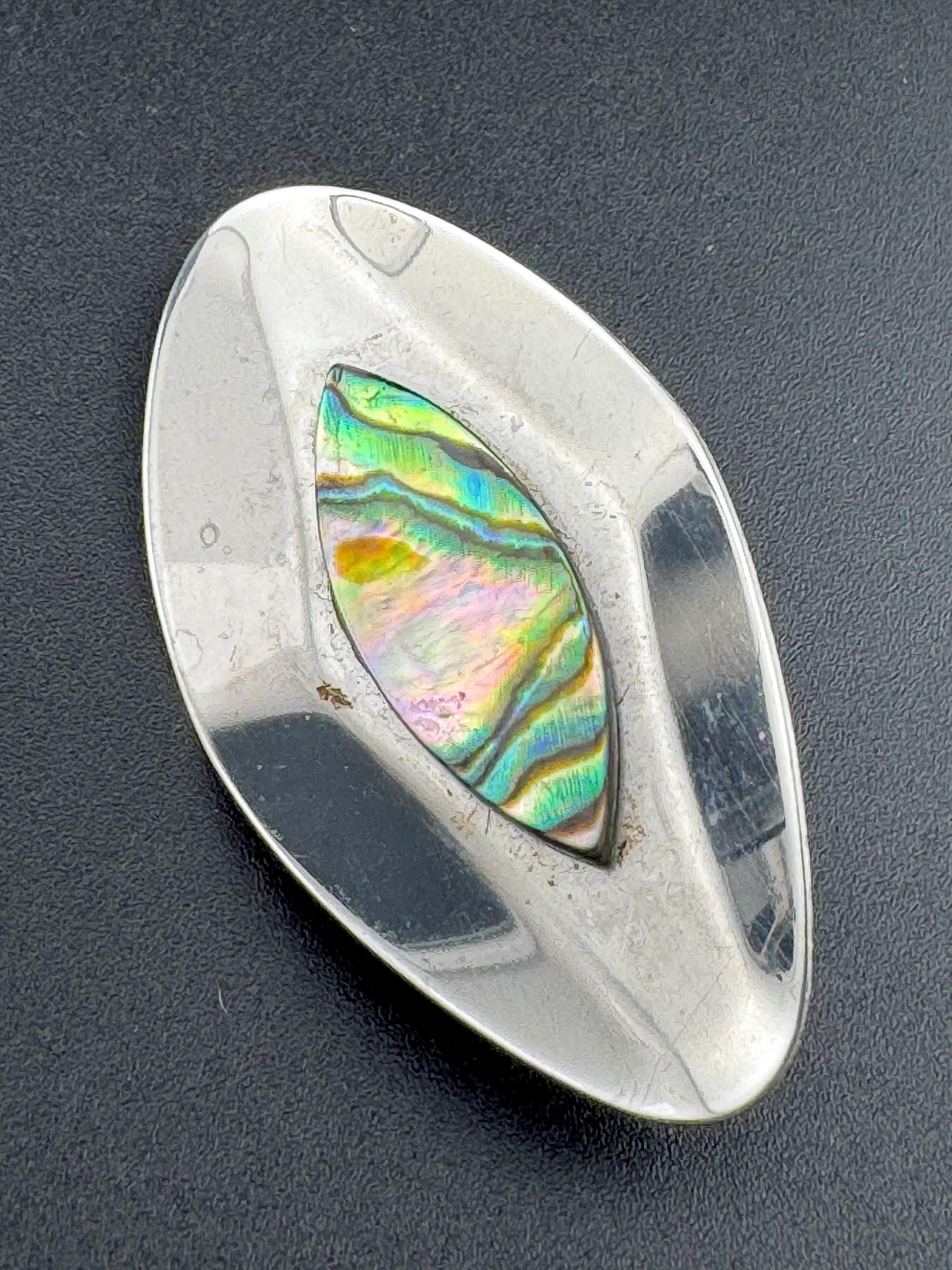 Modernist stainless steel abalone pearl shell 1970s brooch silver metal