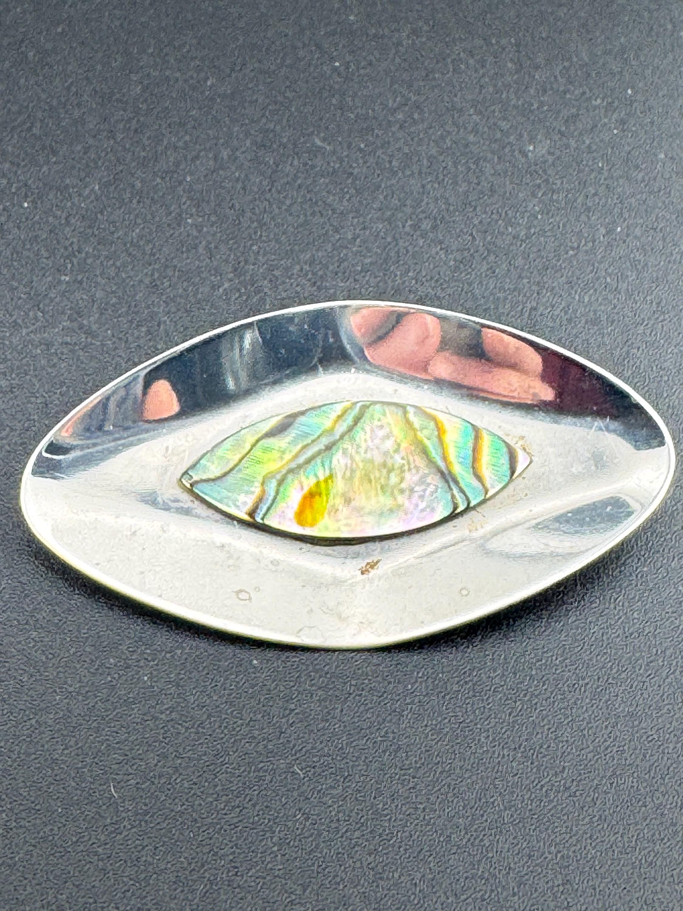 Modernist stainless steel abalone pearl shell 1970s brooch silver metal