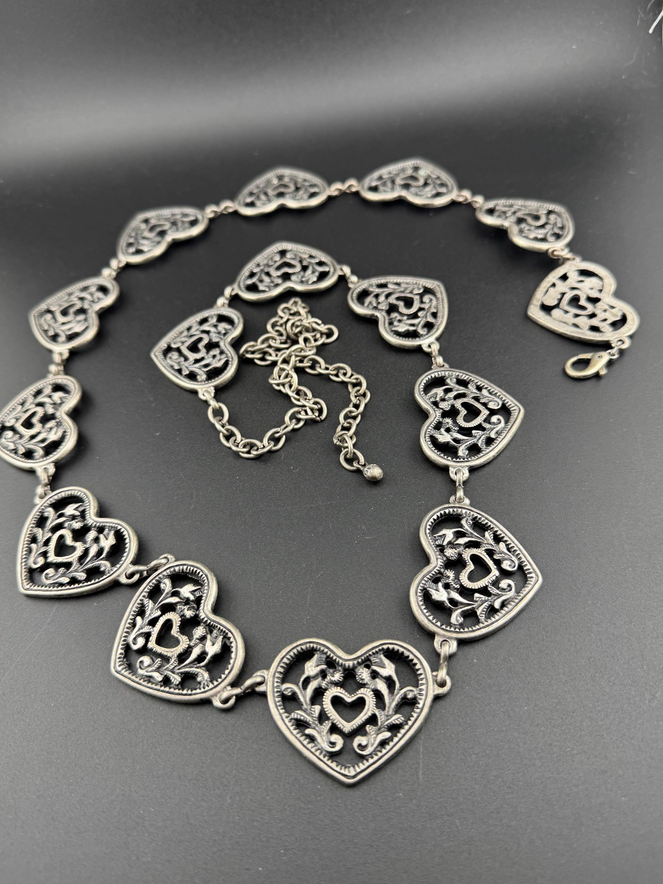 Retro gun metal dark grey silver tone heavy love heart chain link belt to 115cm