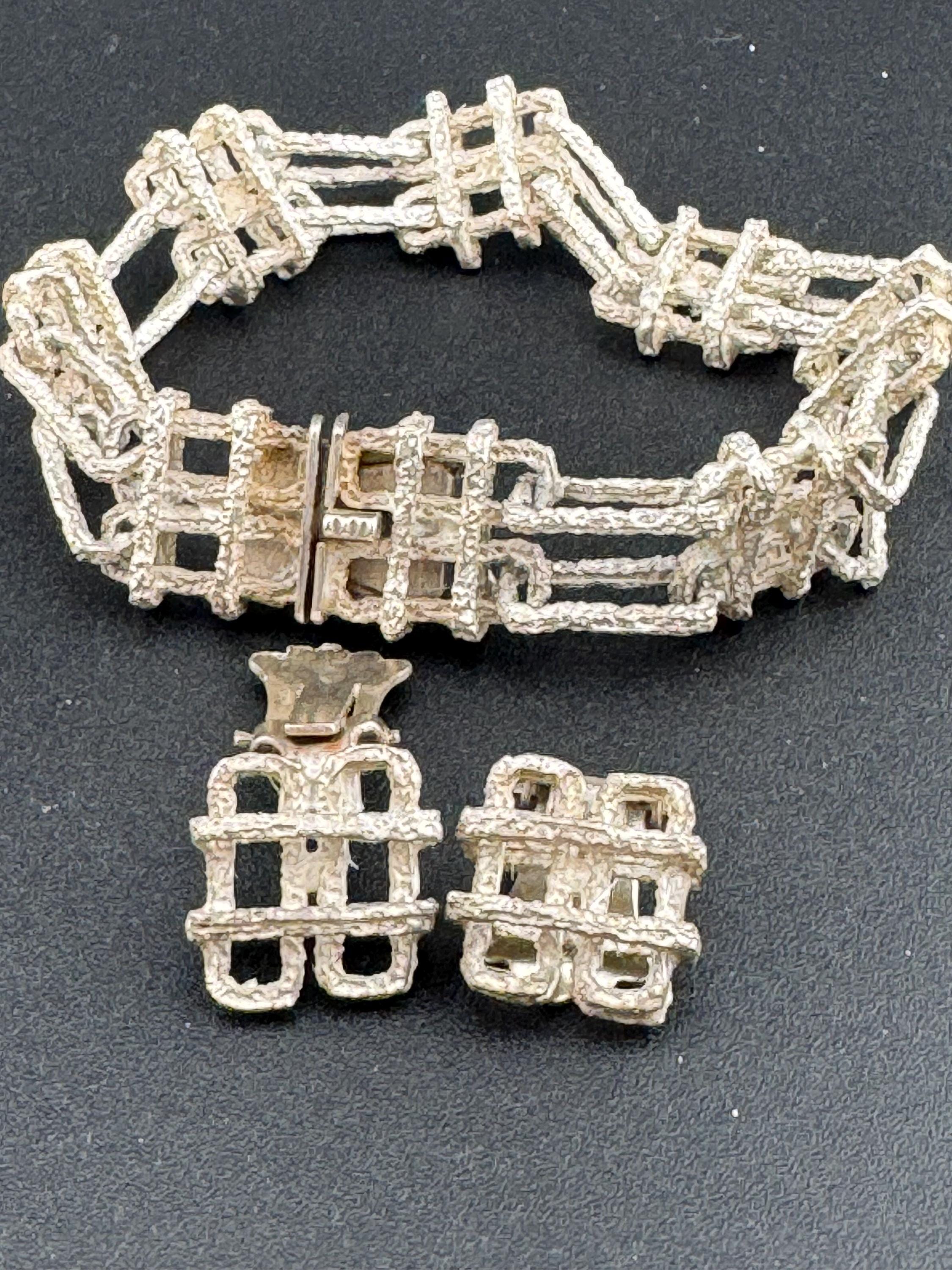 Vintage sterling silver tested rough cast textured modernist geometric BARK panel link  bracelet and clip on earrings