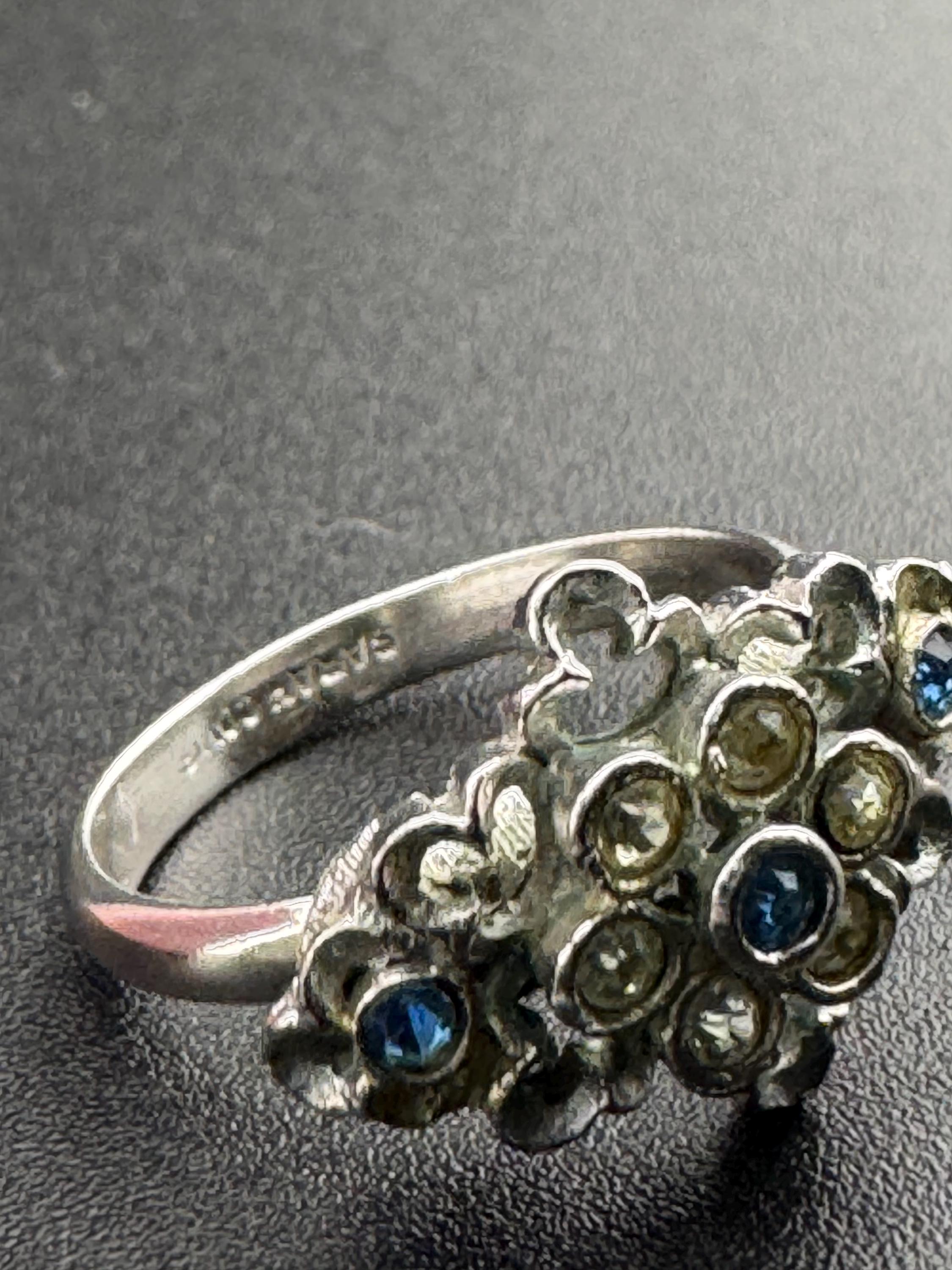 Sarah Coventry Silver Tone Cocktail Ring: Blue Rhinestone, Adjustable