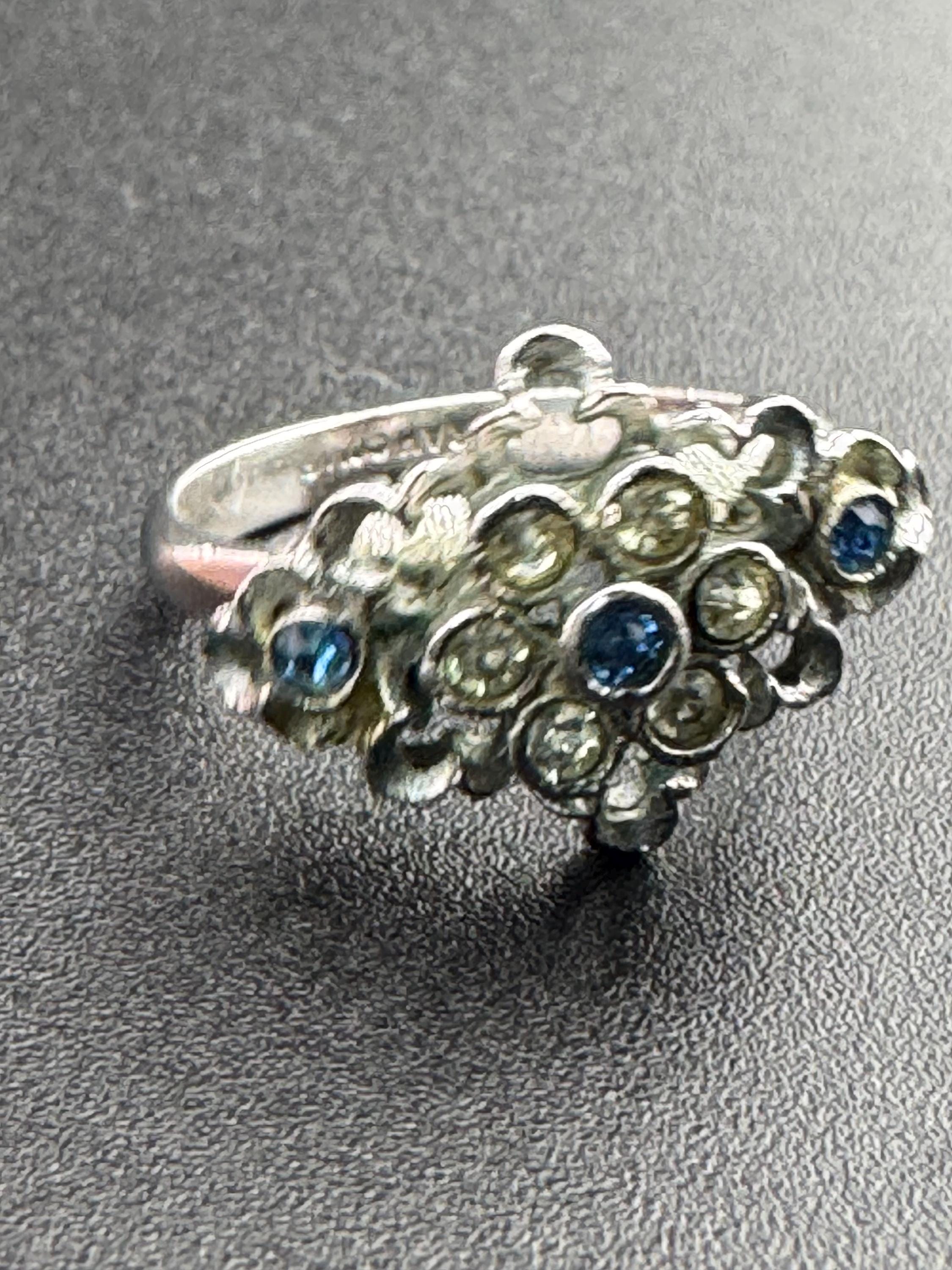 Sarah Coventry Silver Tone Cocktail Ring: Blue Rhinestone, Adjustable