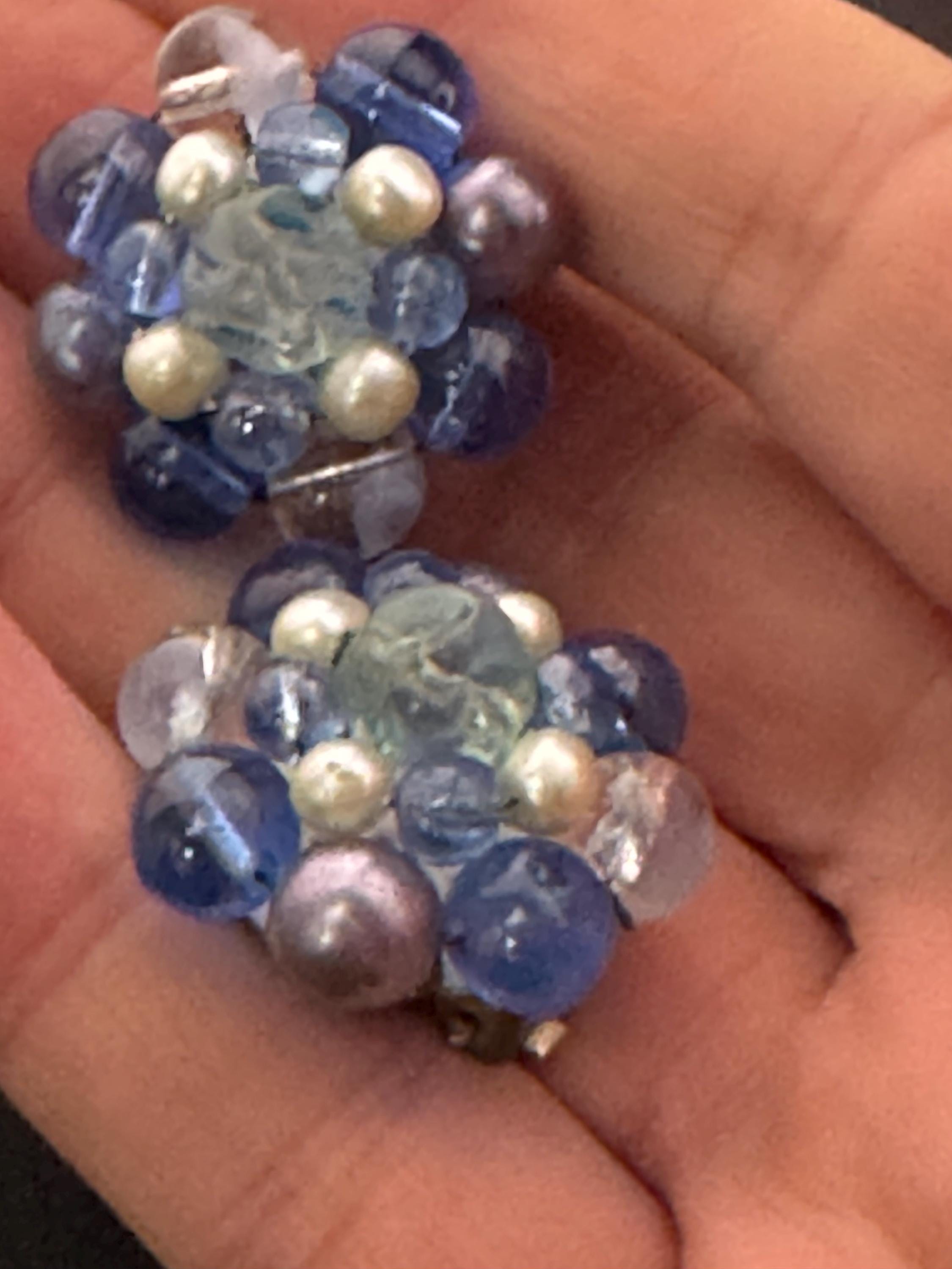Signed Germany blue clear glass beaded Cluster Clip On Earrings Vintage 1960s