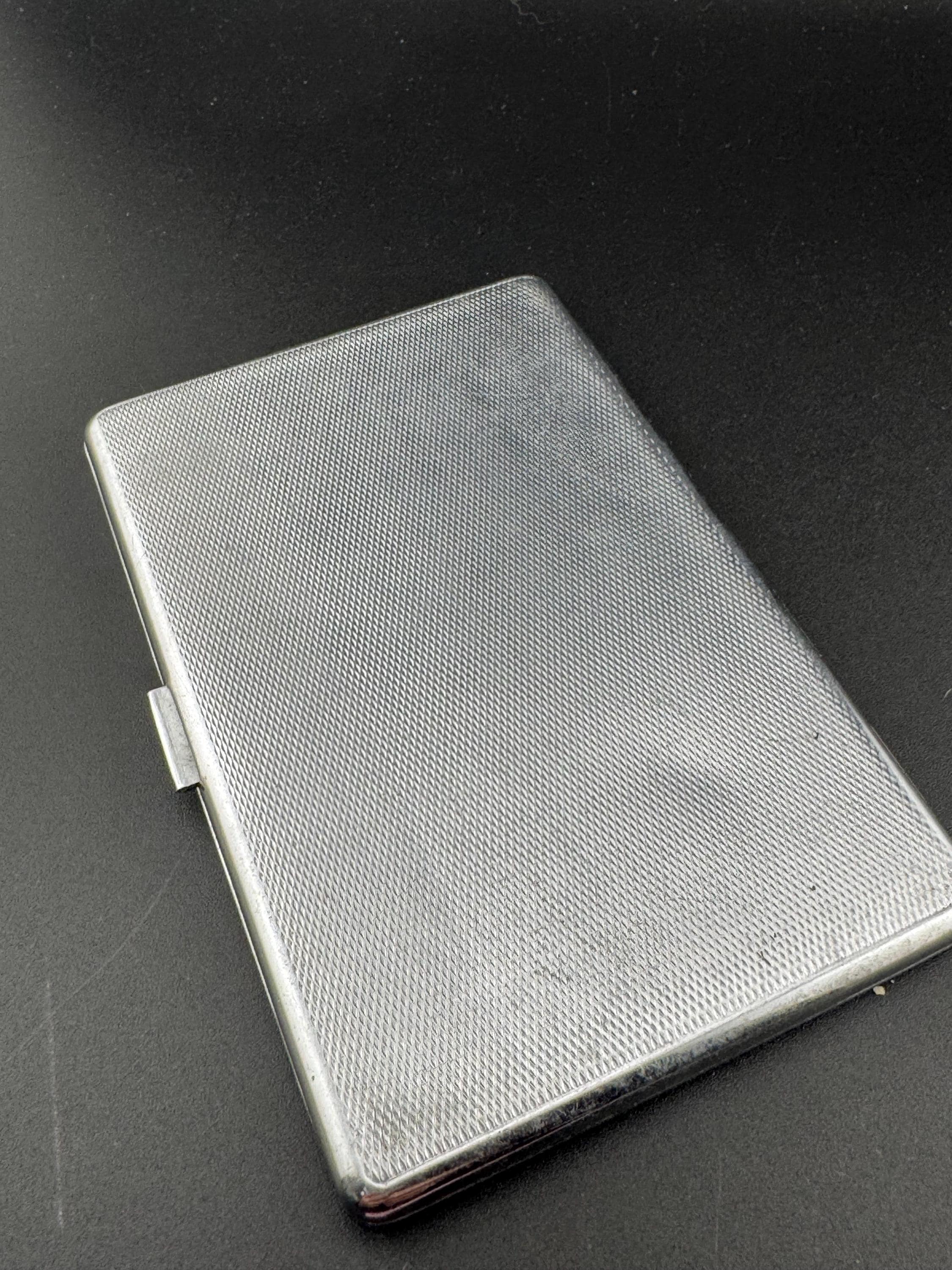 Vintage Cigarette Case Art Deco Silver Tone chrome Metal engine turned pocket jacket business card holder blank cartouche monogram