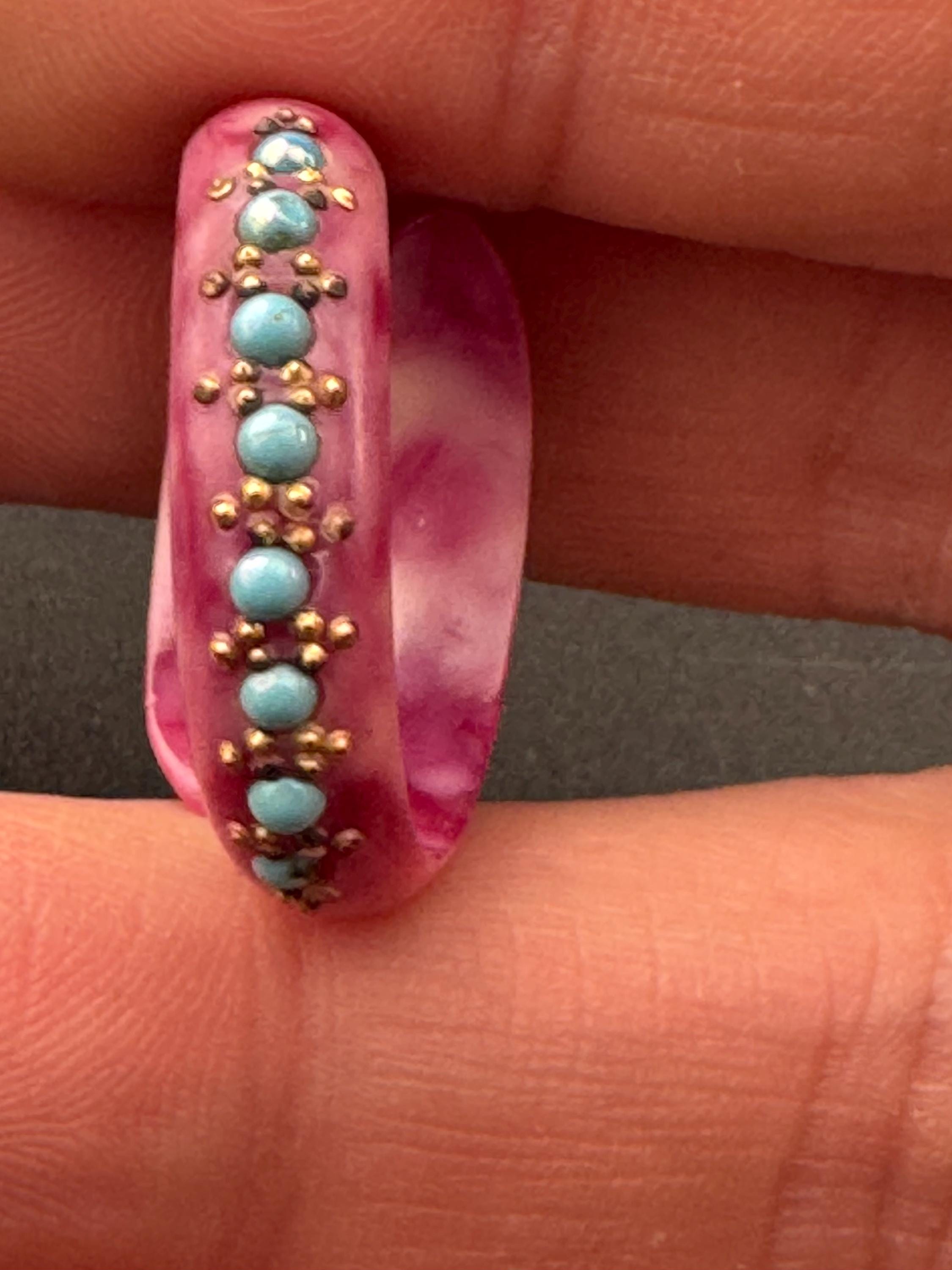 Art Deco Celluloid Early Plastic pink turquoise Scarf Ring clear diamanté Bakelite pique work 1920s 1930s antique
