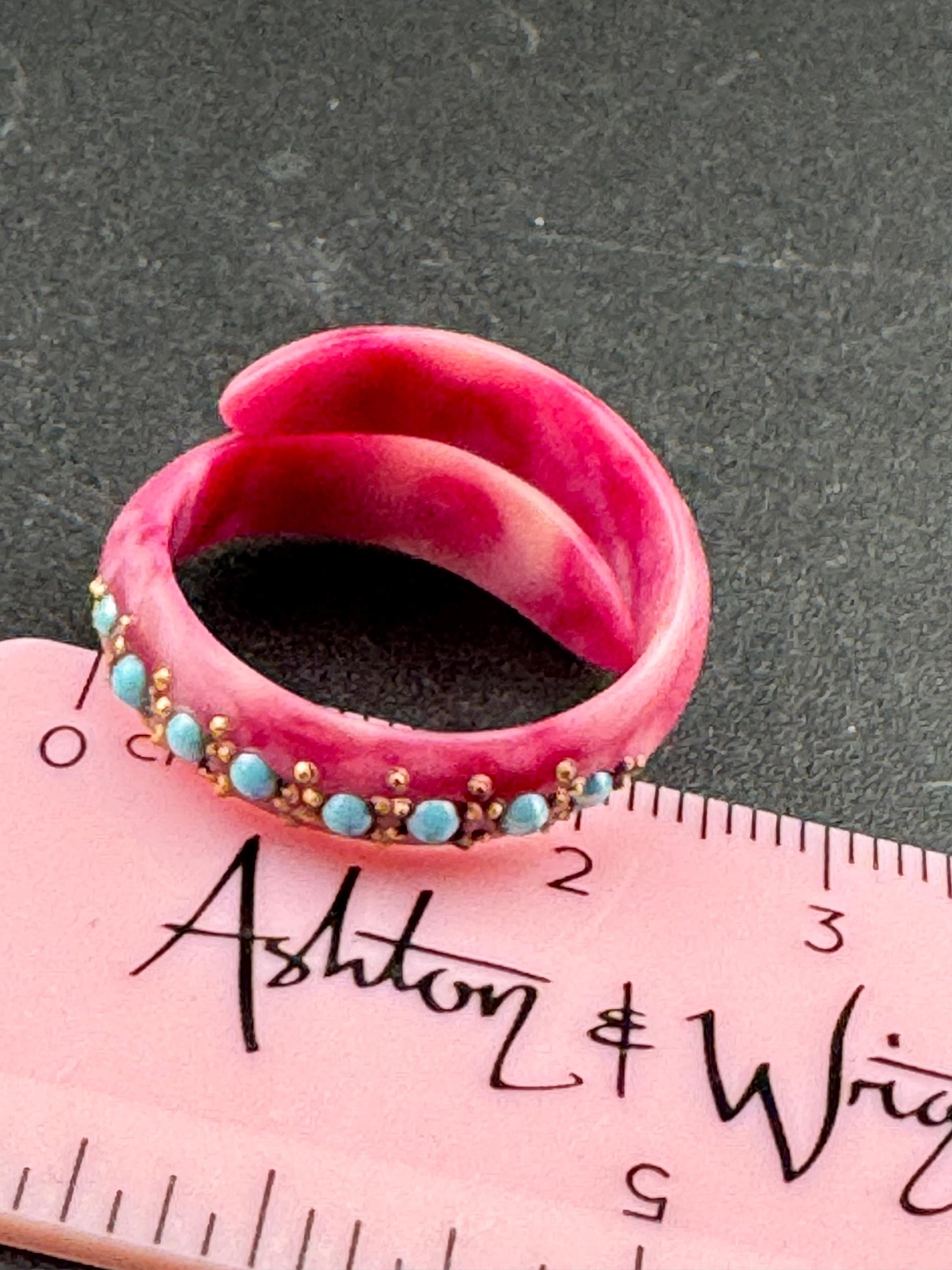 Art Deco Celluloid Early Plastic pink turquoise Scarf Ring clear diamanté Bakelite pique work 1920s 1930s antique