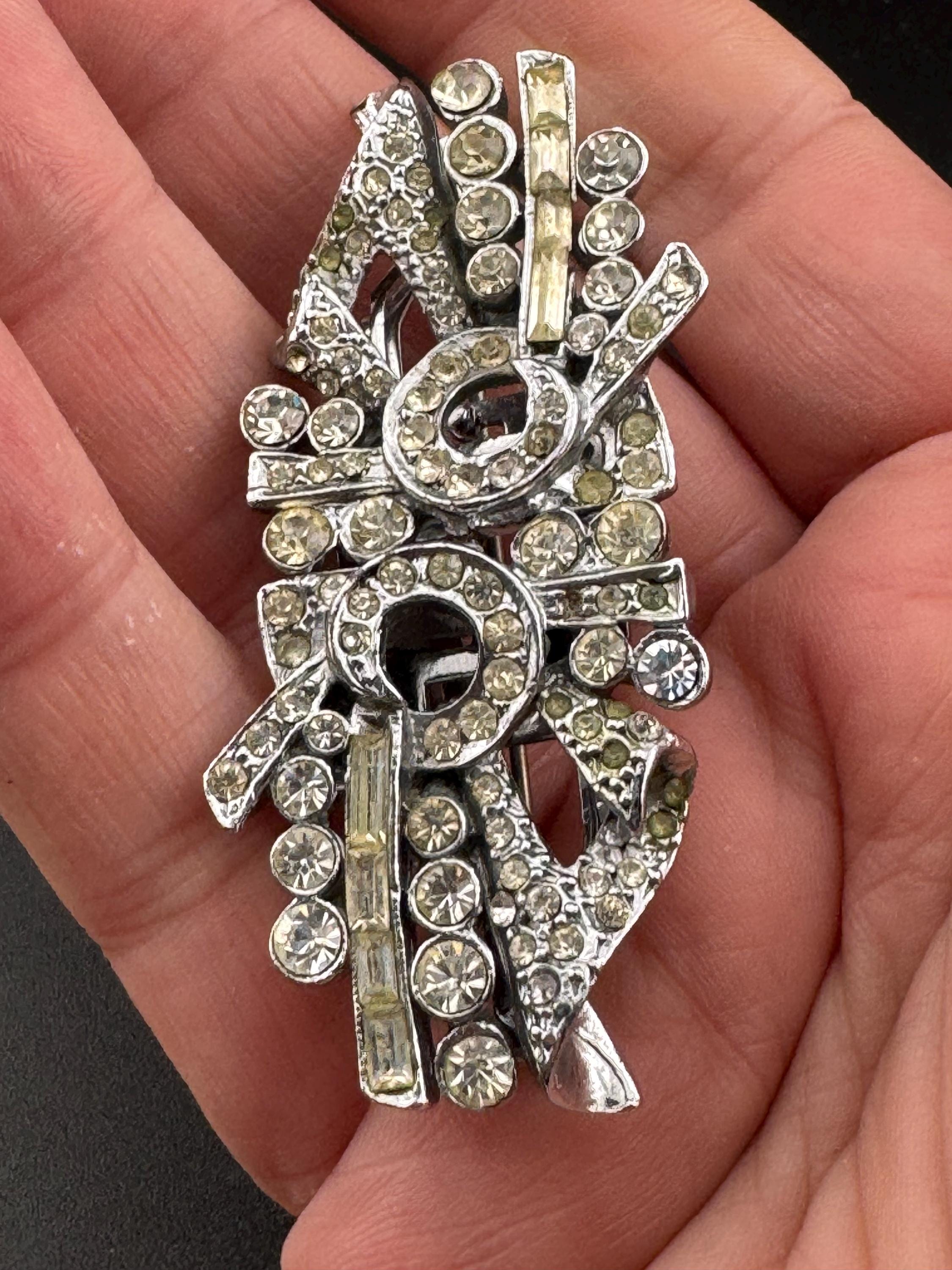 Duette pair of Dress Clips Combination Brooch Marcasite Silver chrome metal Art Deco
