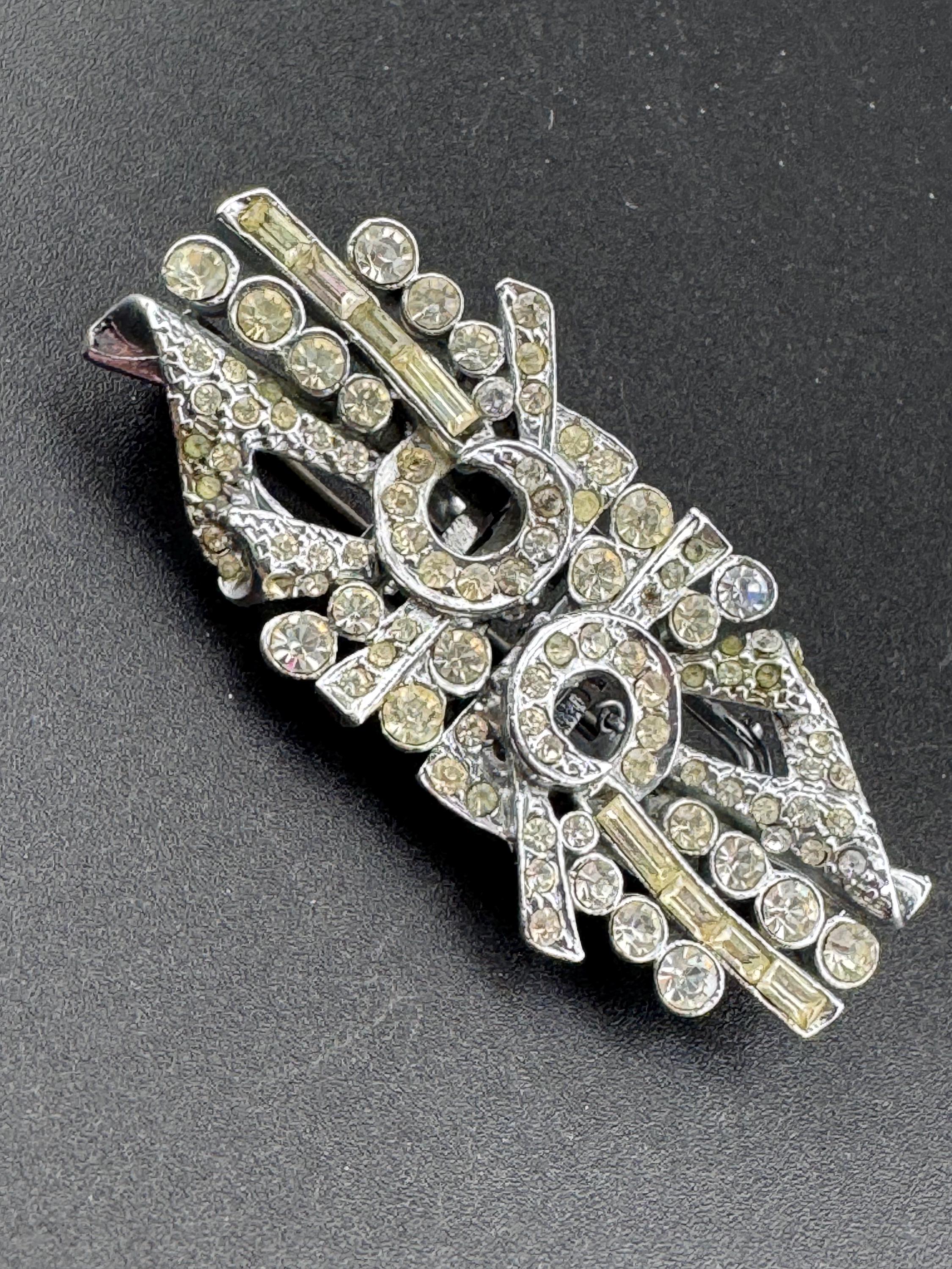 Duette pair of Dress Clips Combination Brooch Marcasite Silver chrome metal Art Deco