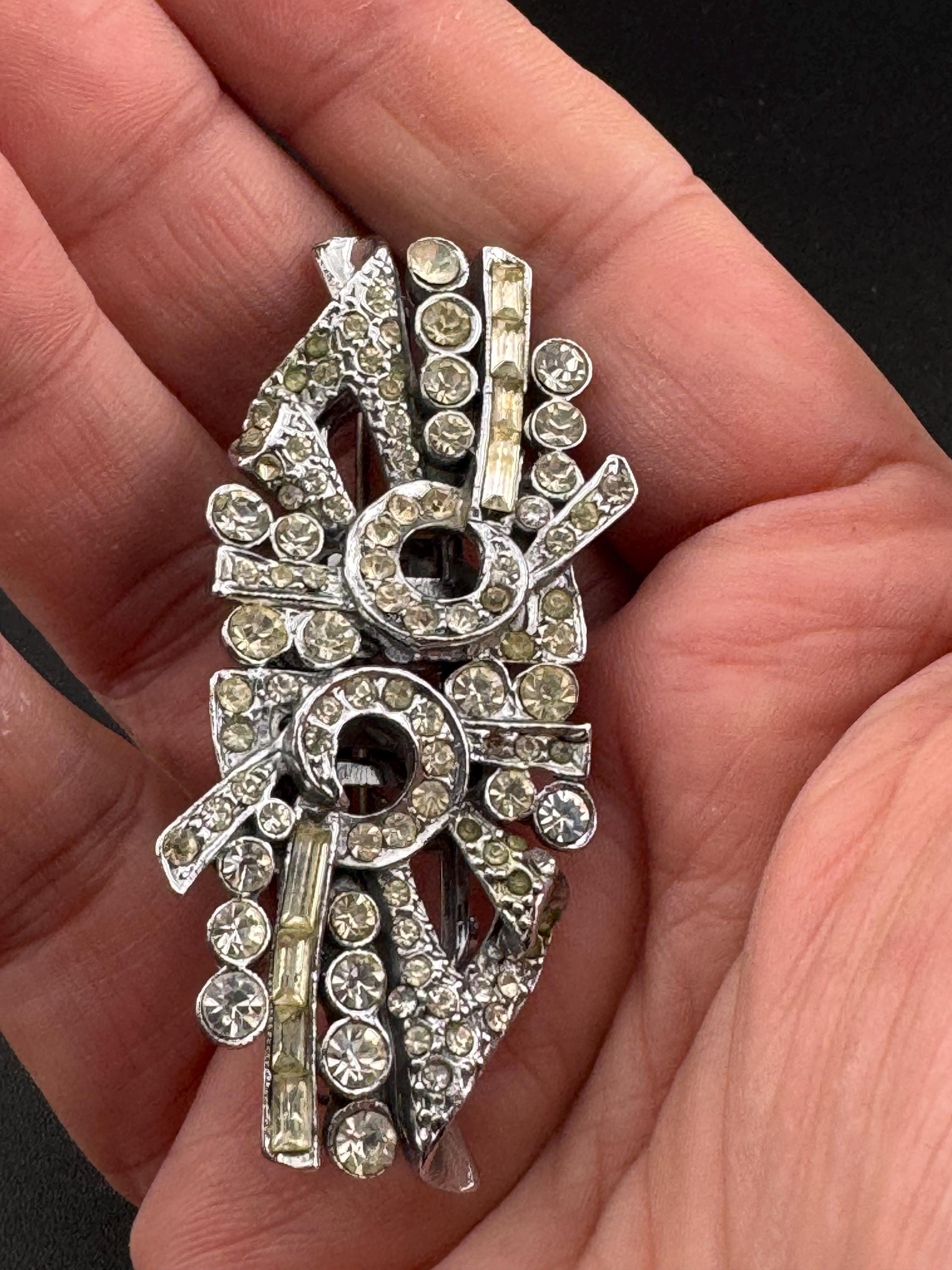 Duette pair of Dress Clips Combination Brooch Marcasite Silver chrome metal Art Deco