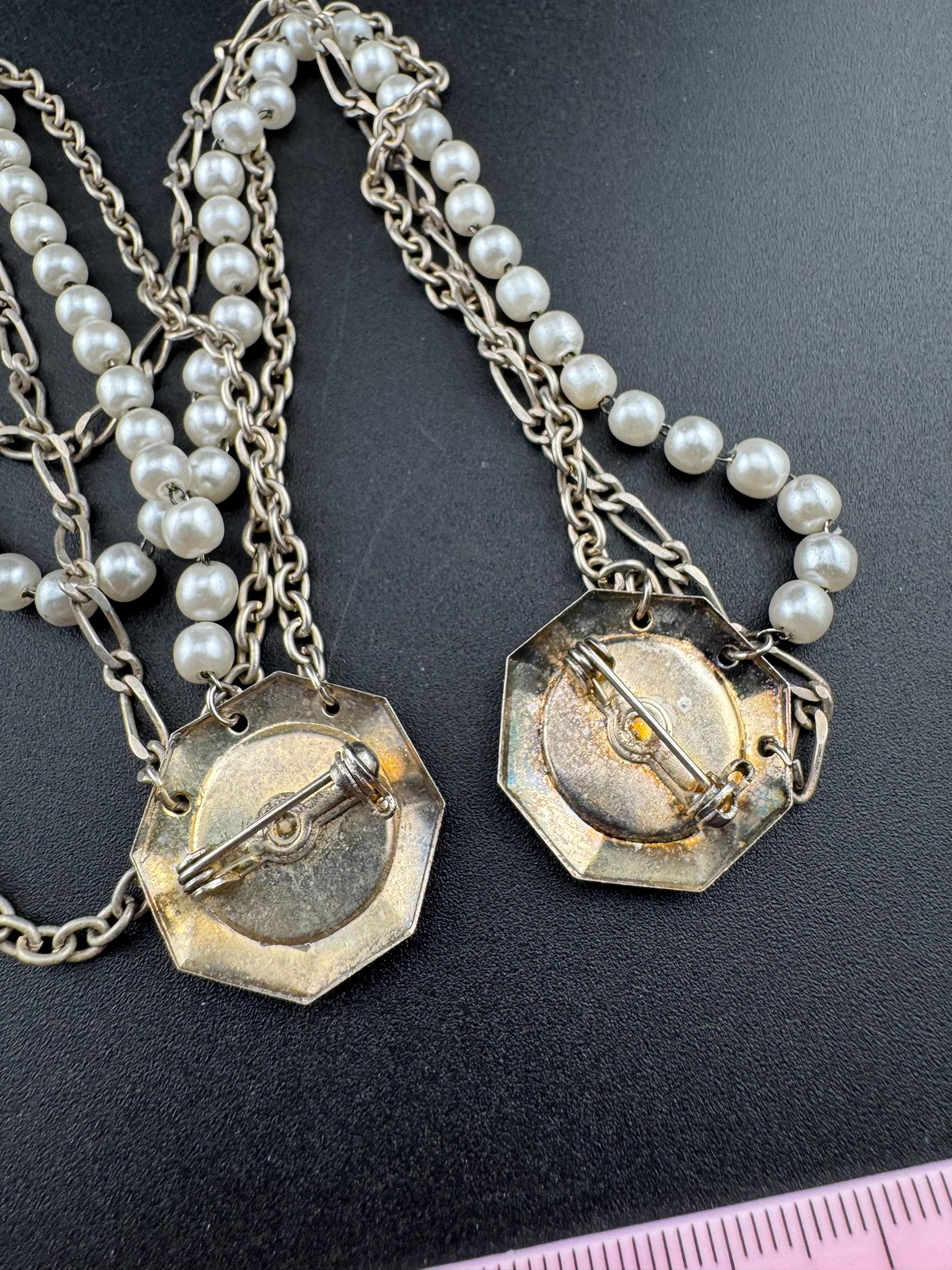 vintage retro double silver tone and beige  metal sweater guards 1960s 1970s jumper clasps