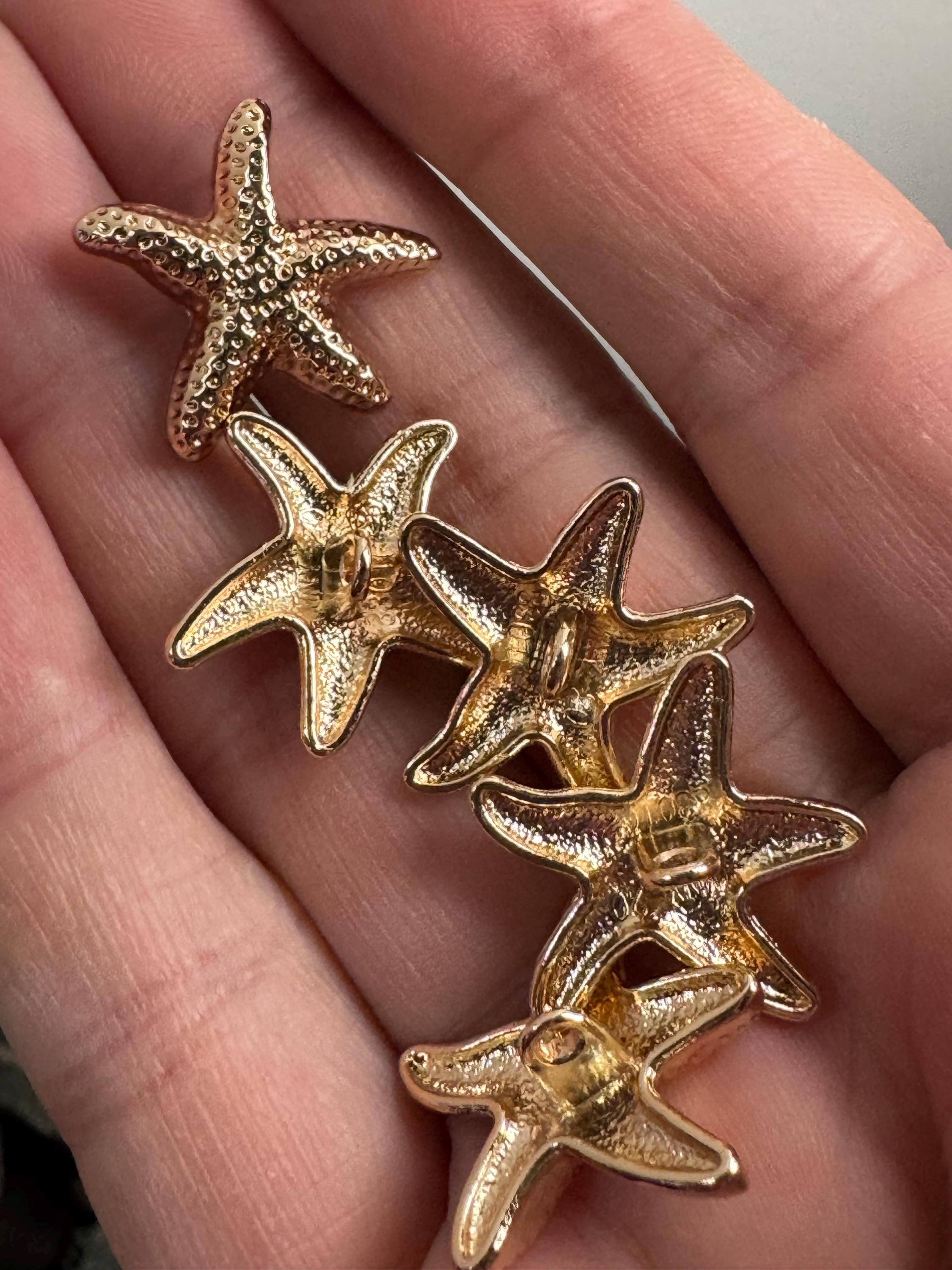 Pack of 5 20mm gold tone starfish buttons with metal shank nautical style