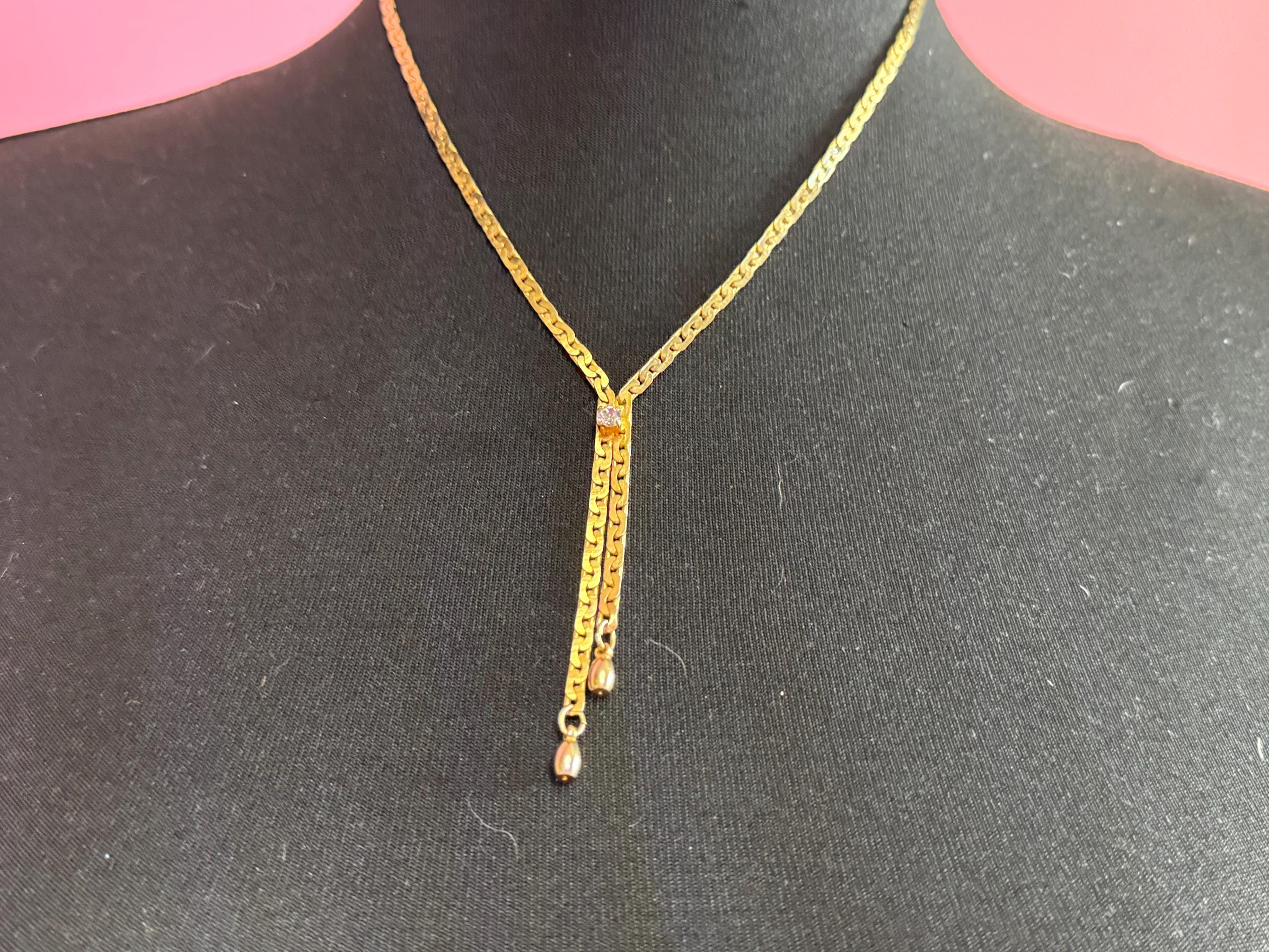 Signed Napier Vintage gold fancy lariat tassel chain necklace with diamanté crystal