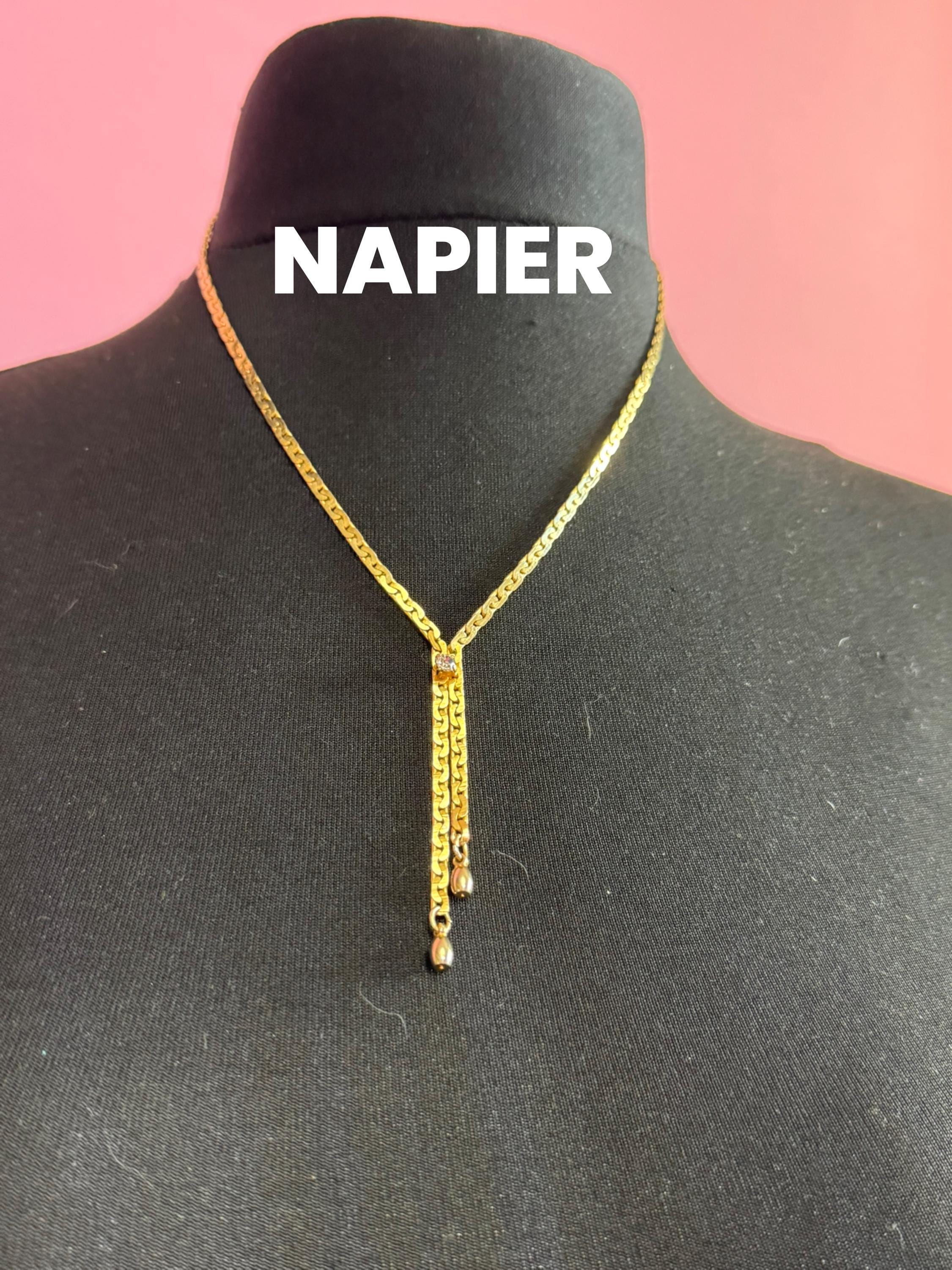 Signed Napier Vintage gold fancy lariat tassel chain necklace with diamanté crystal