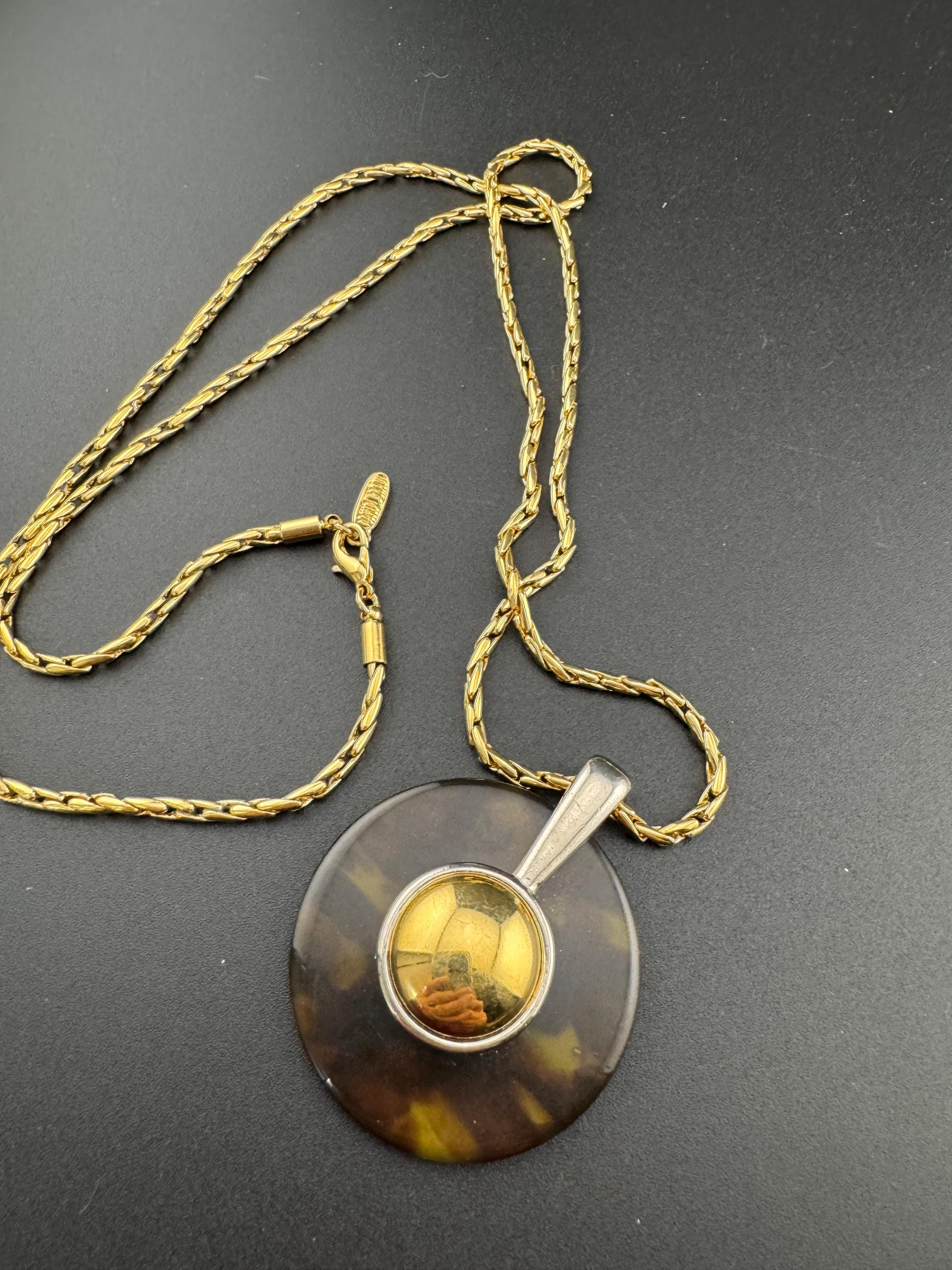 Signed David Grau Vintage gold plated long gold chain necklace with faux tortoiseshell round pendant 80cm, Barcelona designer