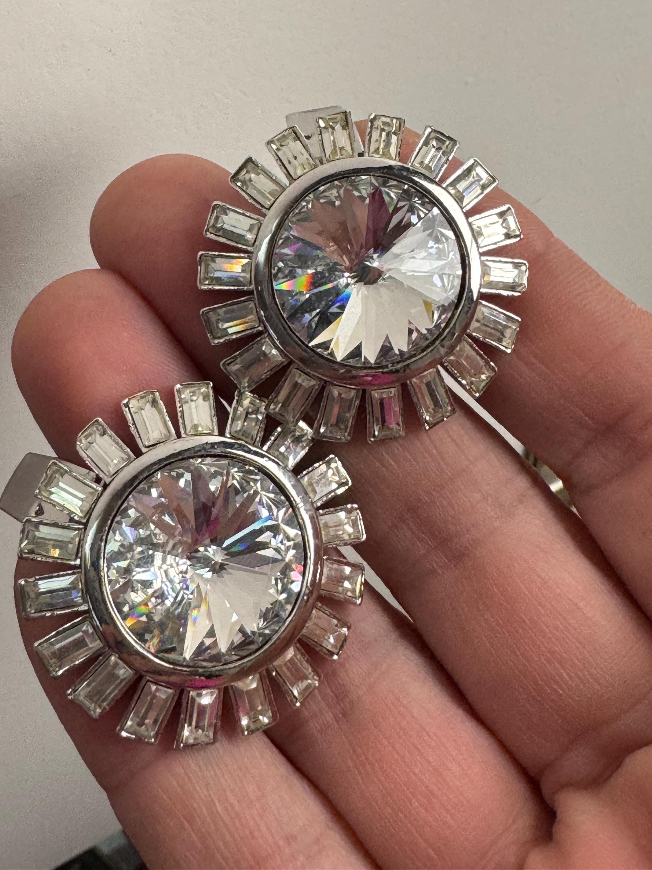 vintage Swarovski Rivoli Crystal rhinestone pair of silver tone shoe or dress clip clear Glass diamanté