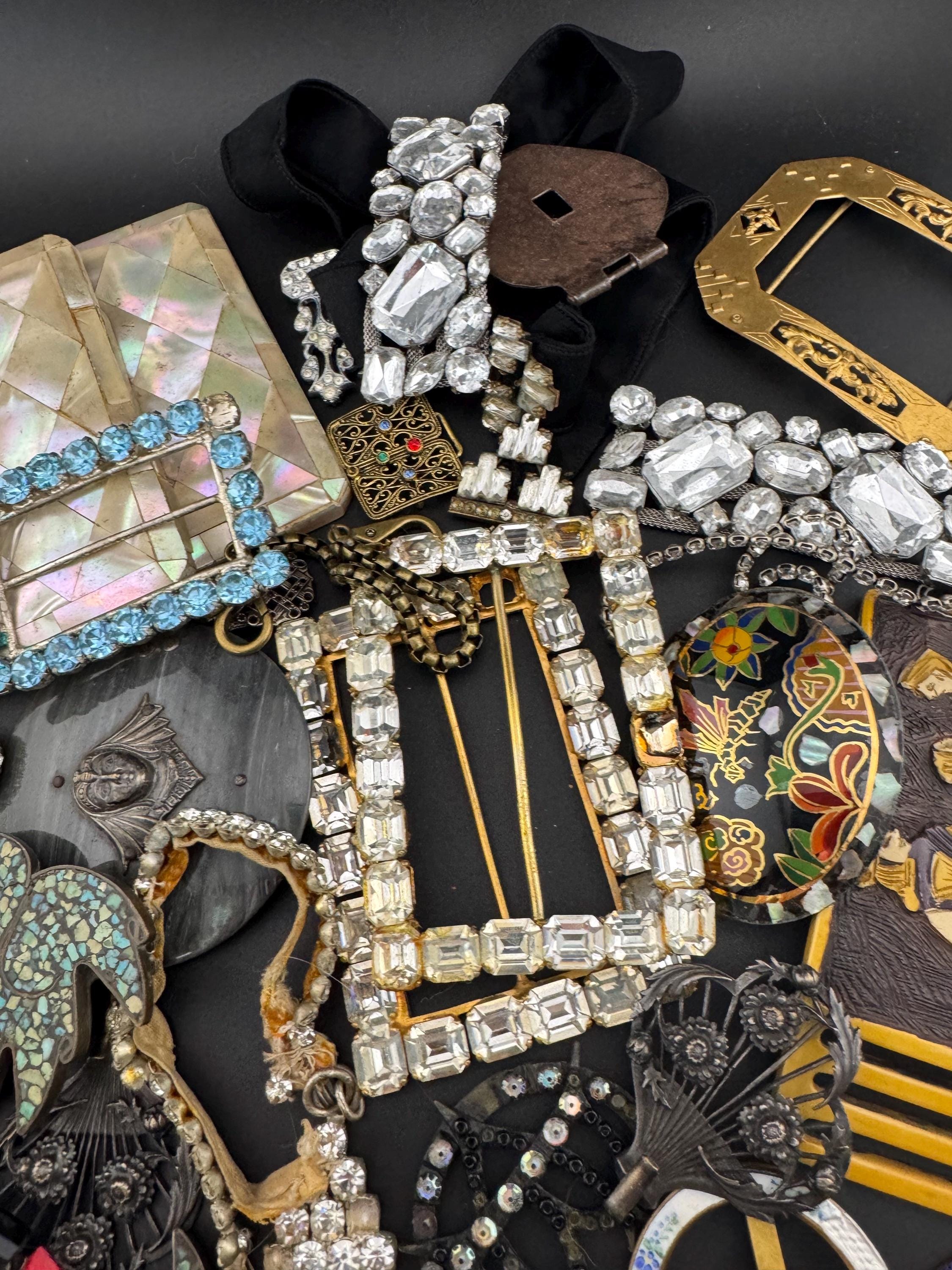 Job lot of antique vintage and retro metal diamanté buckles as shown ideal for repurposing steampunk harvest reworking Victorian art deco