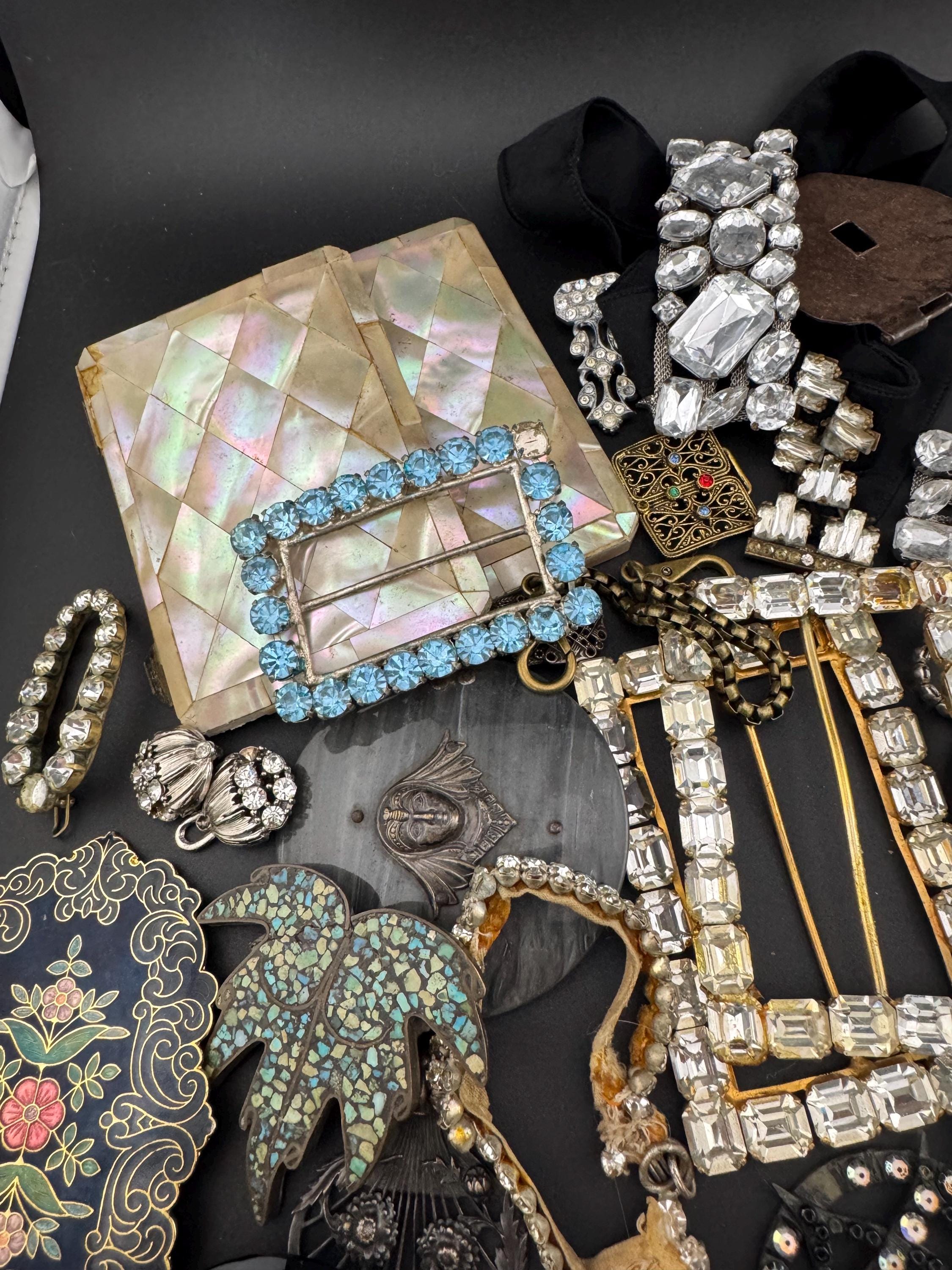 Job lot of antique vintage and retro metal diamanté buckles as shown ideal for repurposing steampunk harvest reworking Victorian art deco