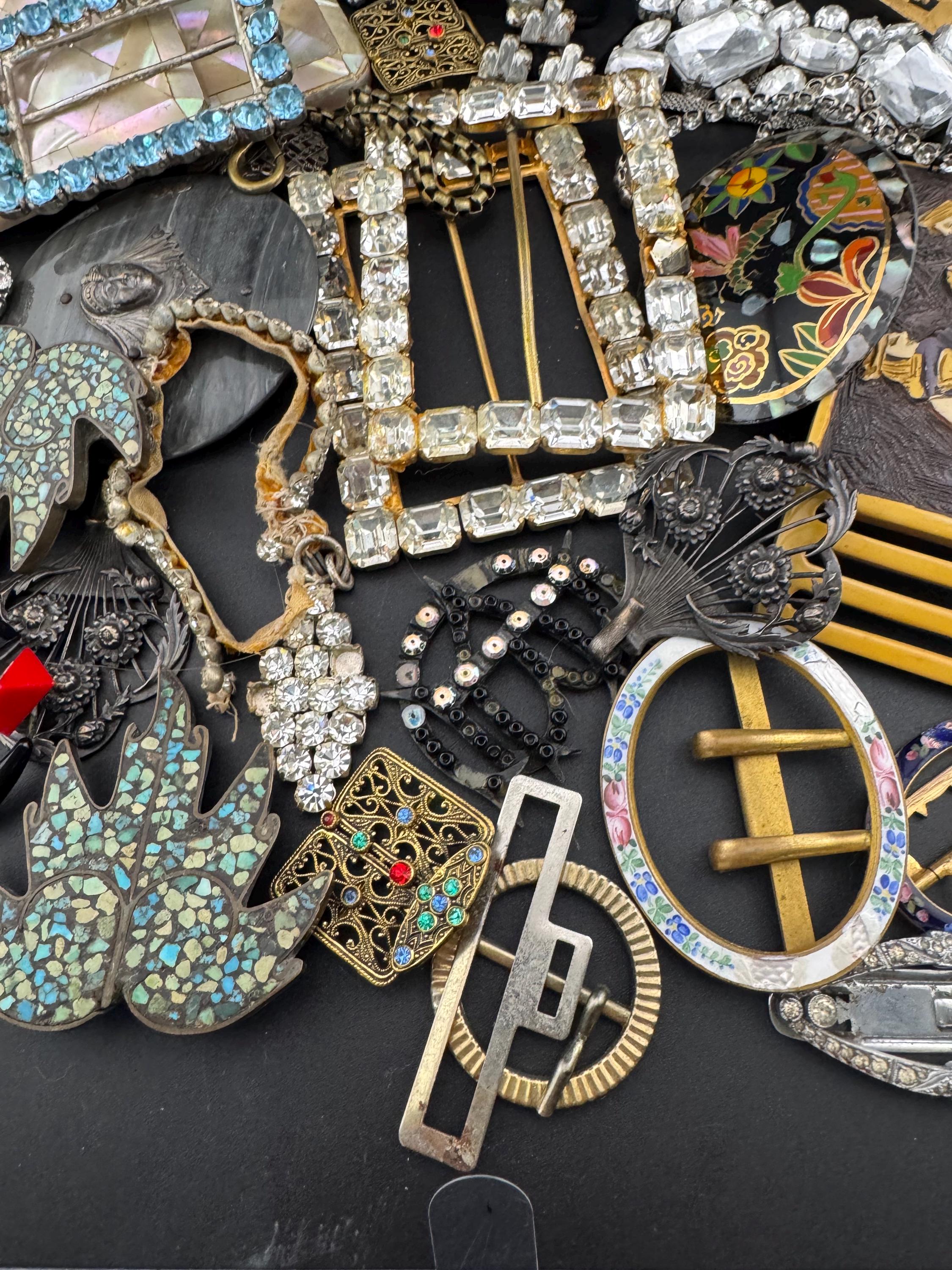 Job lot of antique vintage and retro metal diamanté buckles as shown ideal for repurposing steampunk harvest reworking Victorian art deco