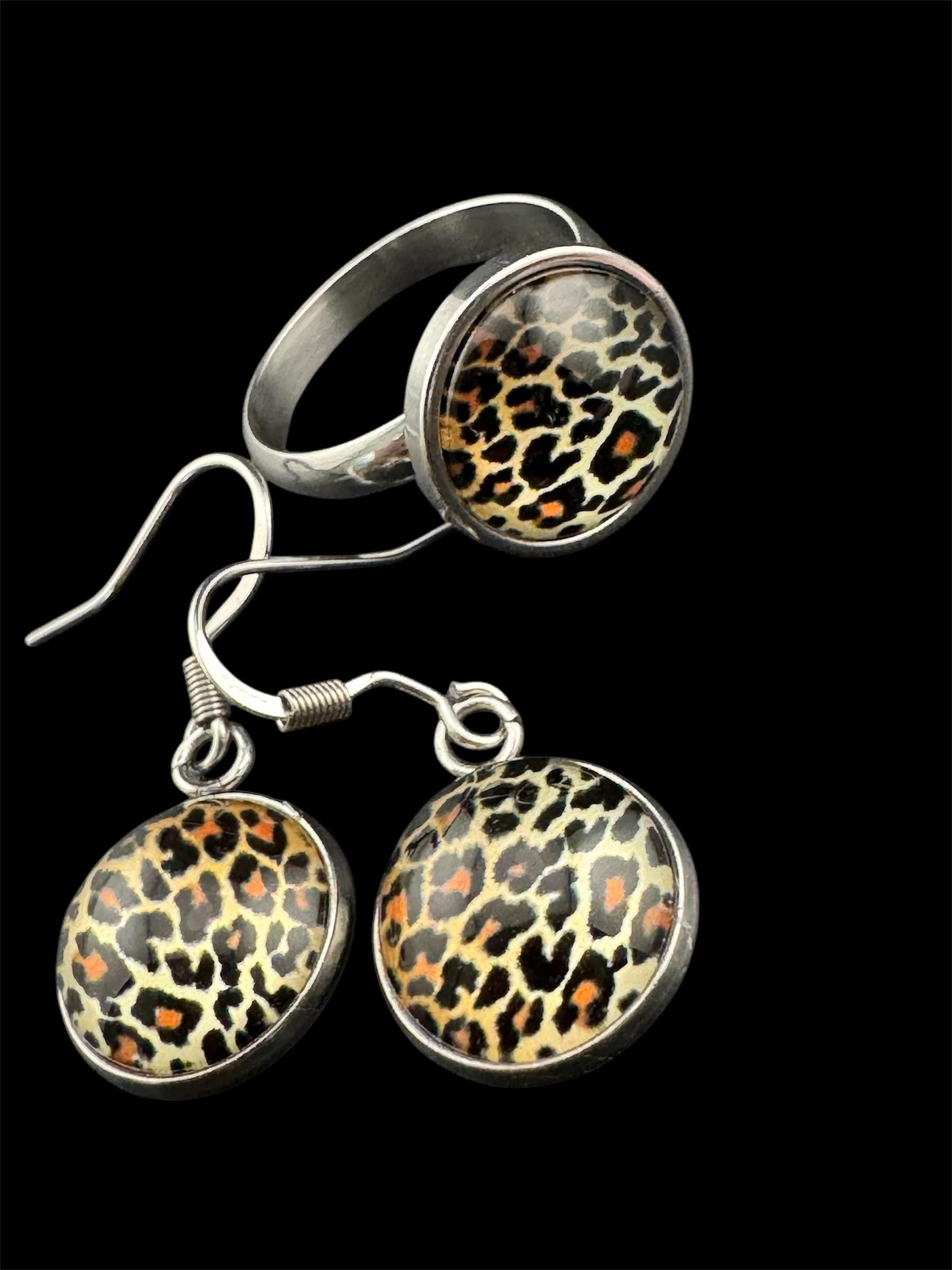12mm round Brown Leopard print drop earrings and matching adjustable ring stainless steel, non tarnish jewellery set