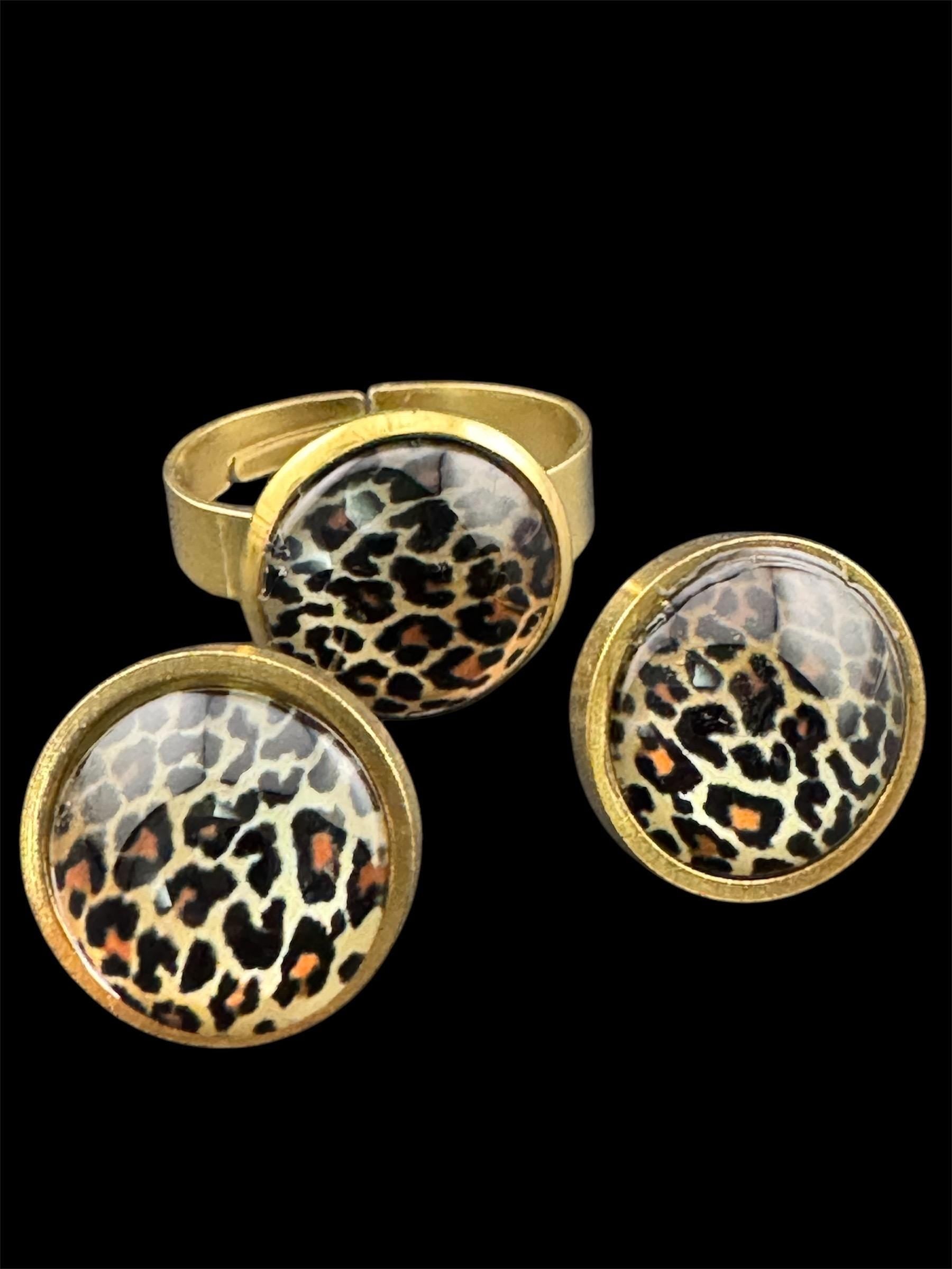 12mm round Brown Leopard print drop earrings and matching adjustable ring stainless steel, non tarnish gold tone jewellery set