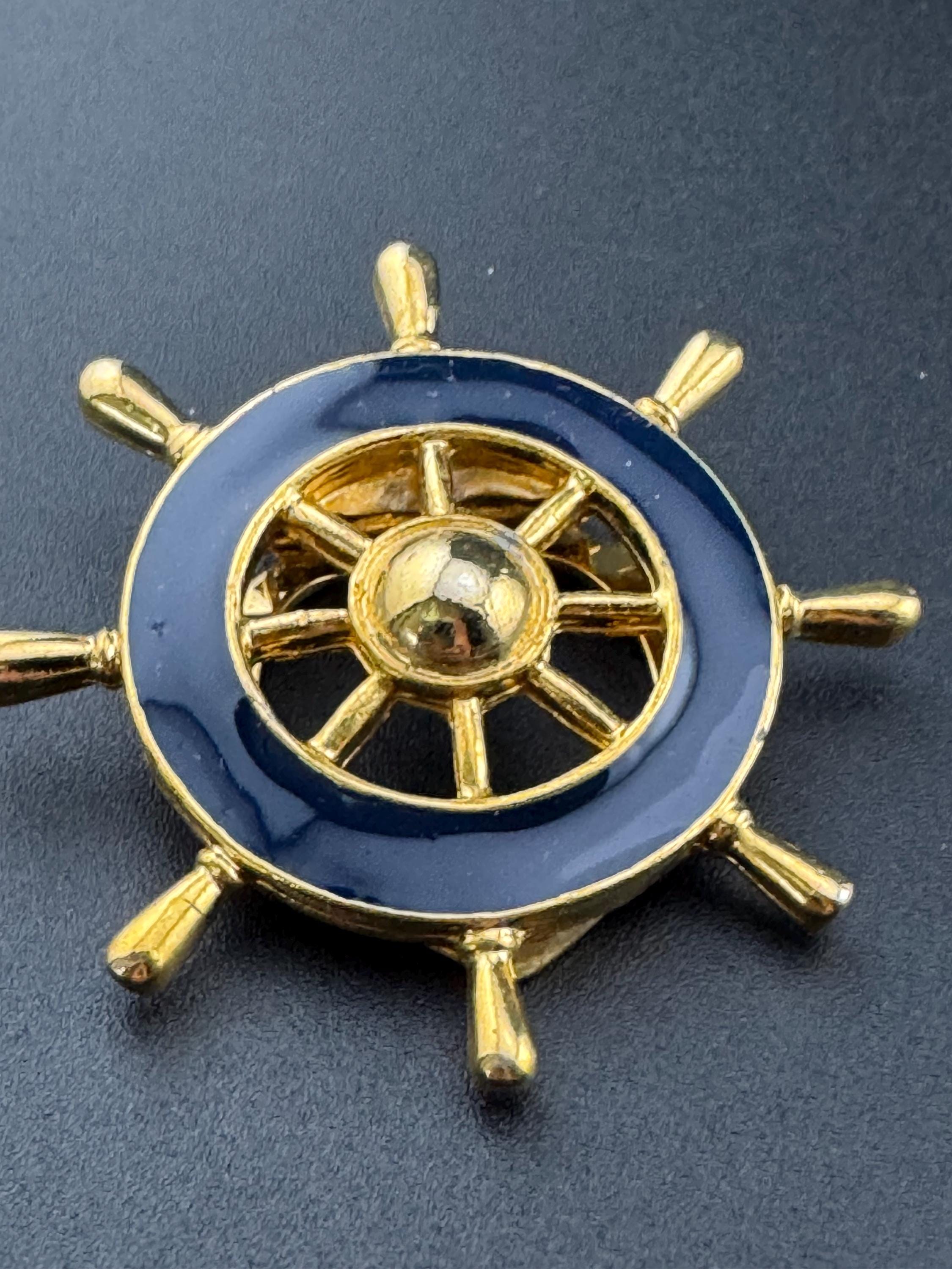 True vintage navy blue enamel gold plated nautical ships wheel Scarf Clip ring old shop stock