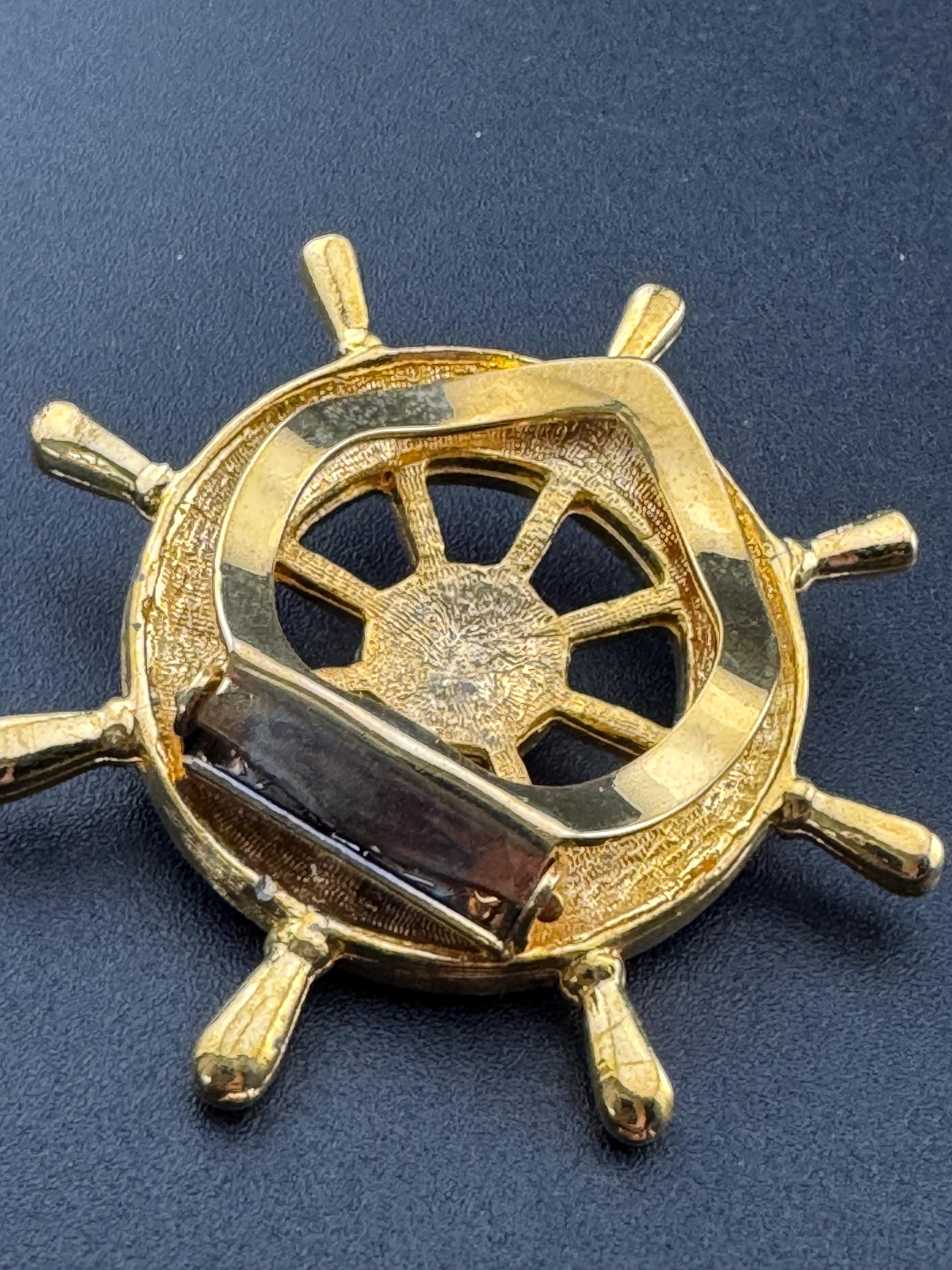True vintage navy blue enamel gold plated nautical ships wheel Scarf Clip ring old shop stock