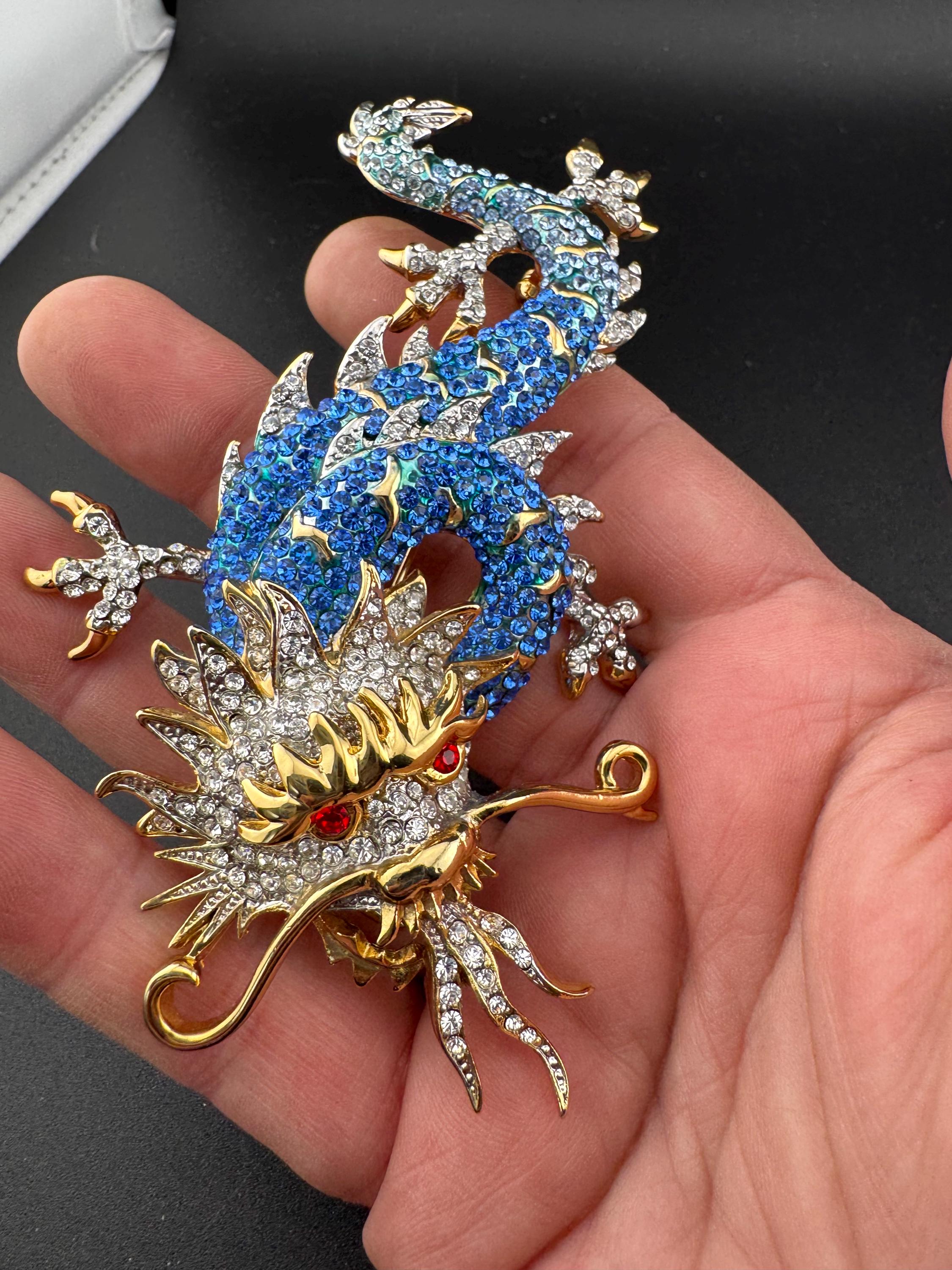 10cm Signed Butler and Wilson gold tone Blue Crystal enamel dragon brooch with clear diamanté. Heavy plating and beautiful quality
