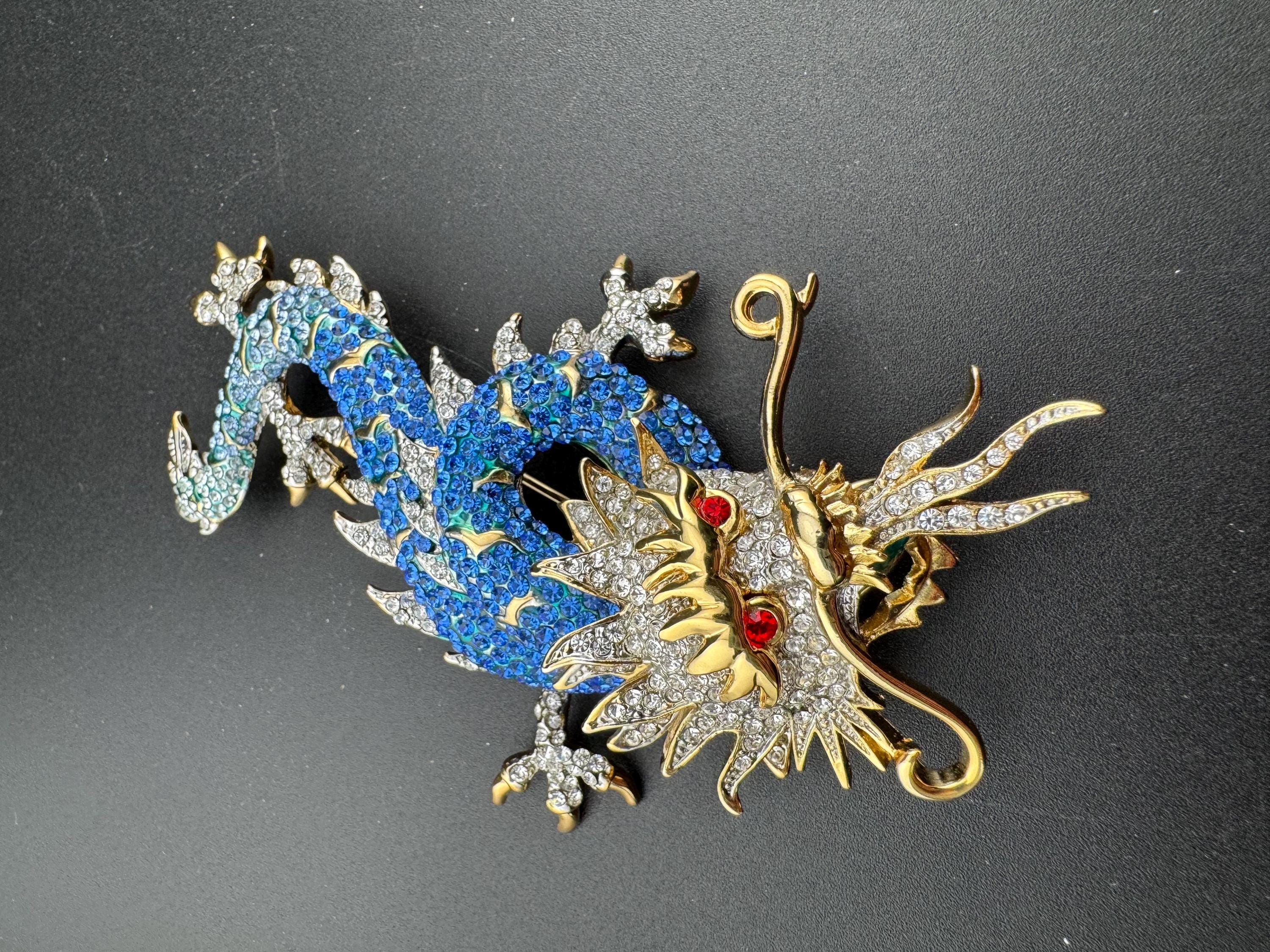 10cm Signed Butler and Wilson gold tone Blue Crystal enamel dragon brooch with clear diamanté. Heavy plating and beautiful quality