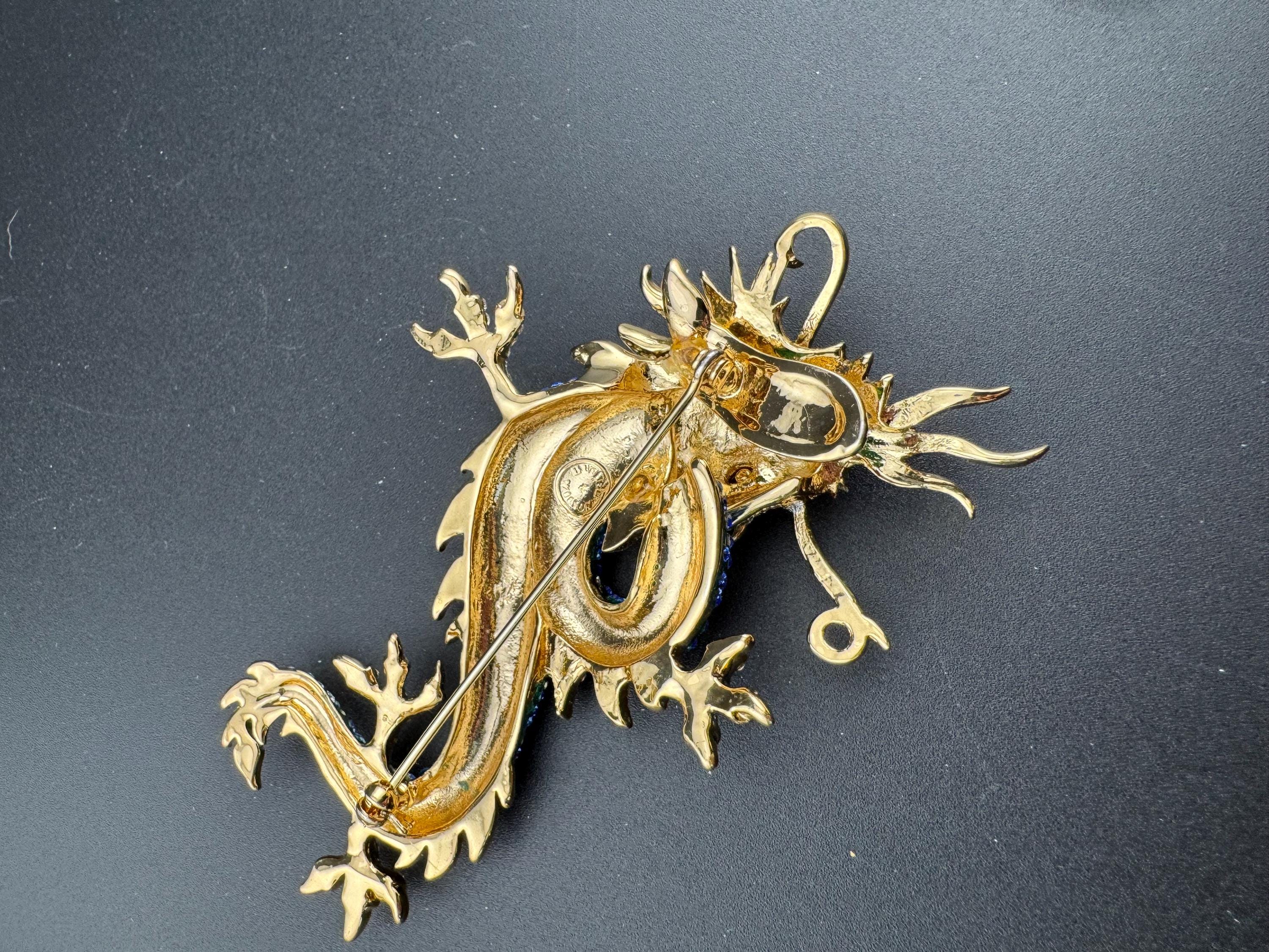 10cm Signed Butler and Wilson gold tone Blue Crystal enamel dragon brooch with clear diamanté. Heavy plating and beautiful quality