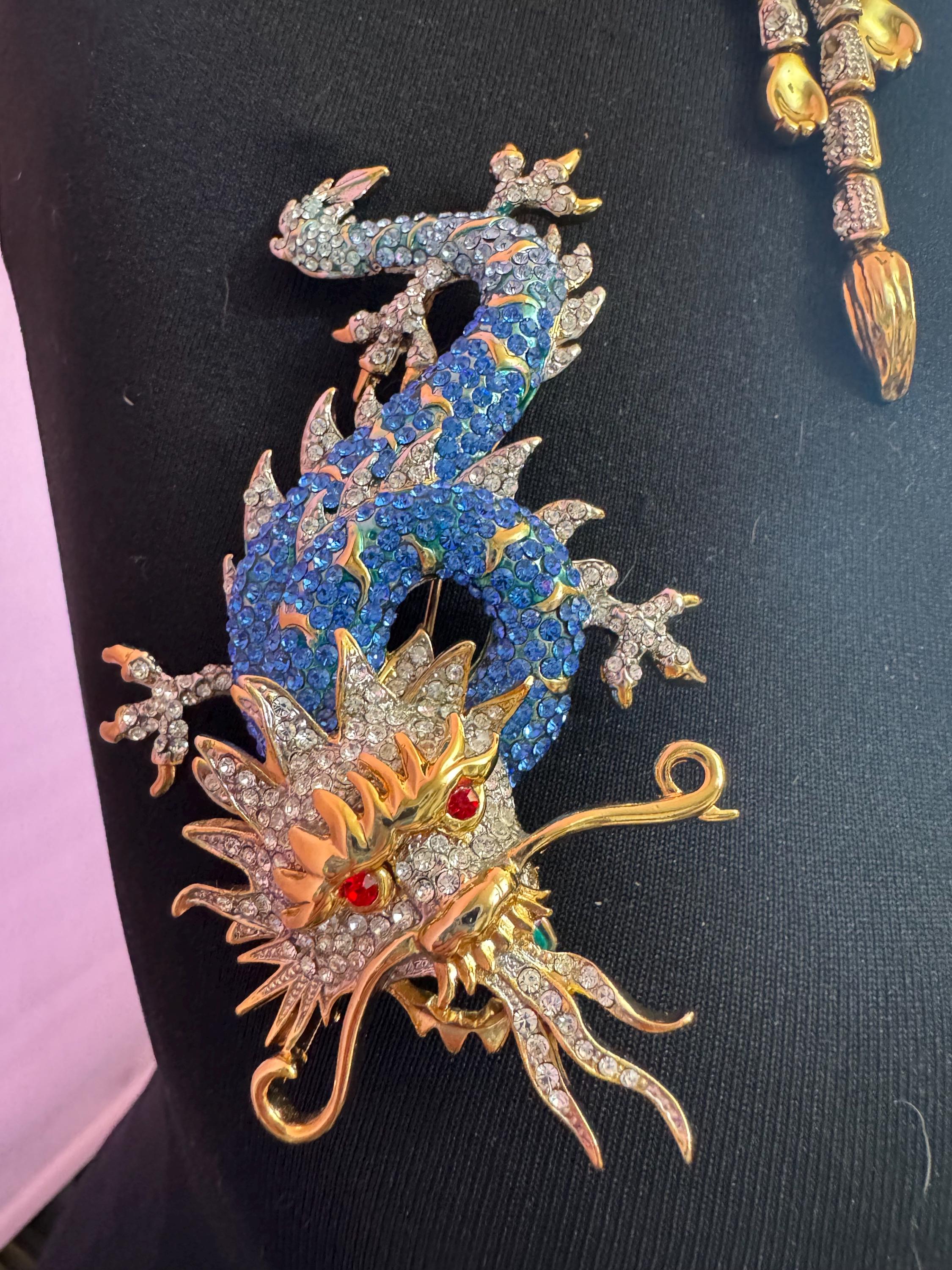10cm Signed Butler and Wilson gold tone Blue Crystal enamel dragon brooch with clear diamanté. Heavy plating and beautiful quality