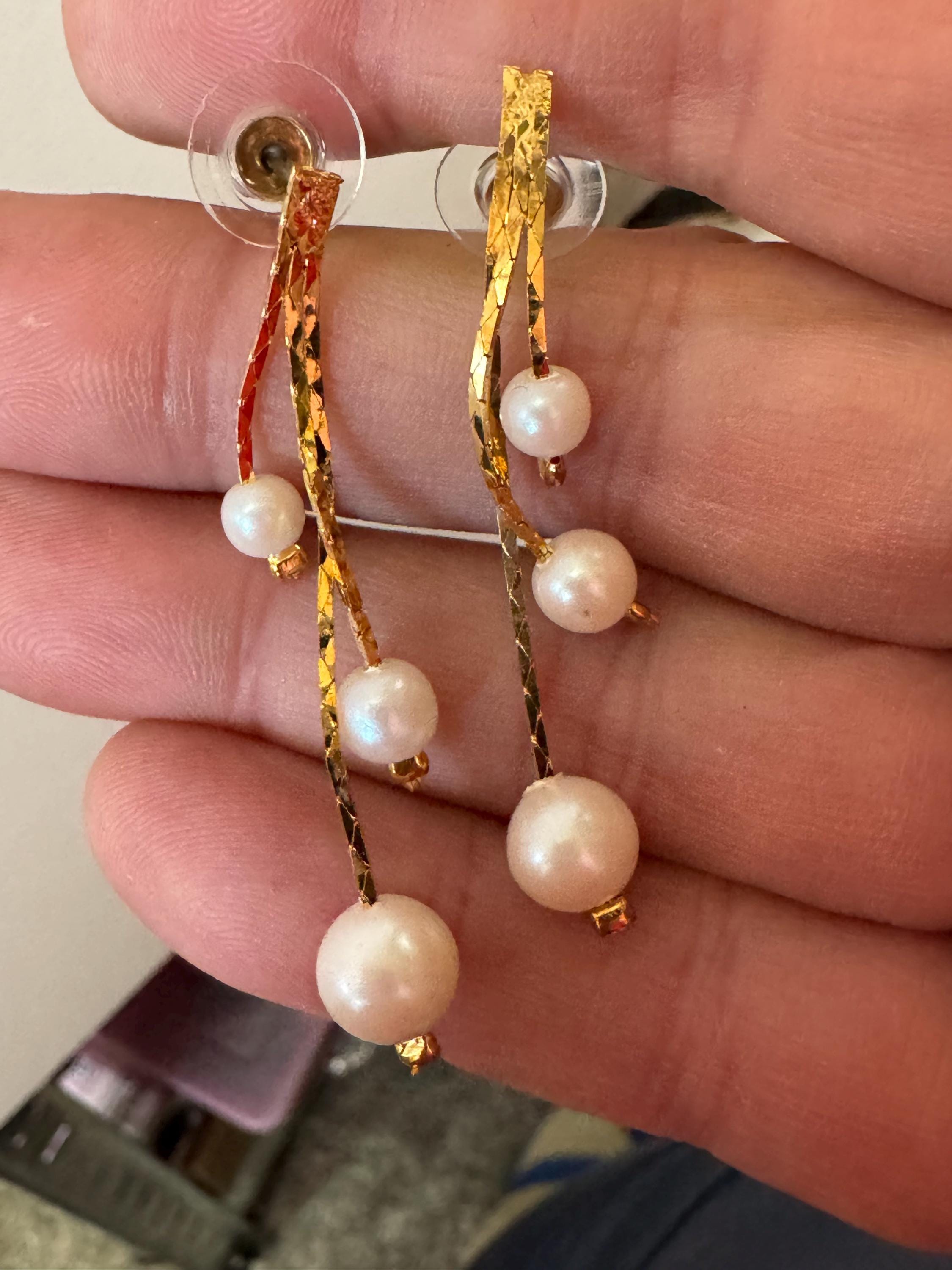 Vintage Gold Plated Faux Pearl Drop Earrings: 1970s Triple Chain
