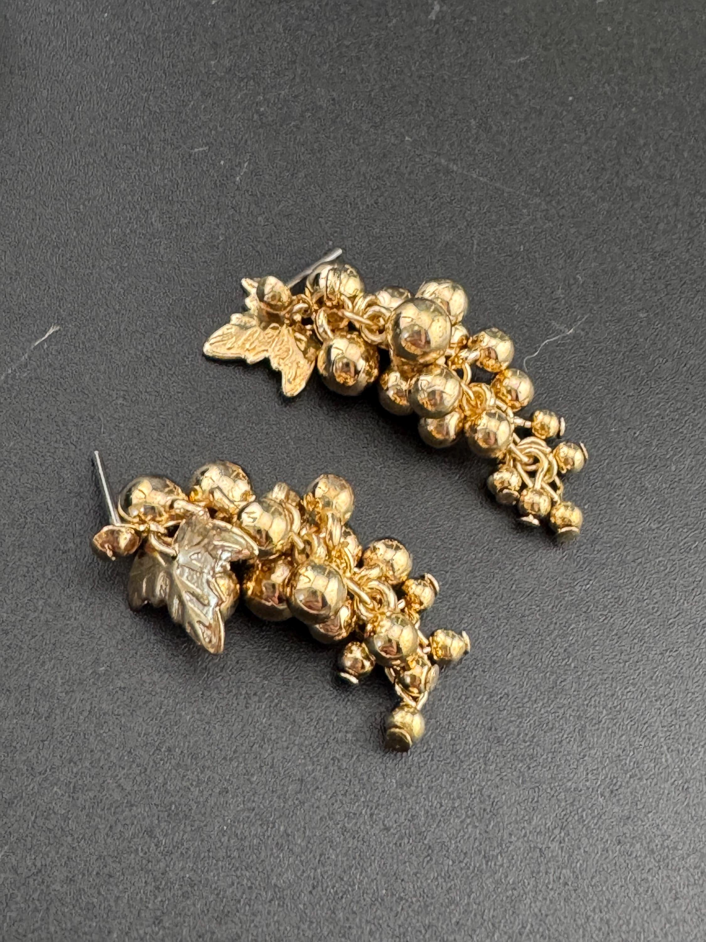 Vintage gold ball bead grape Cluster dangly Earrings for pierced ears 1980s unworn deadstock