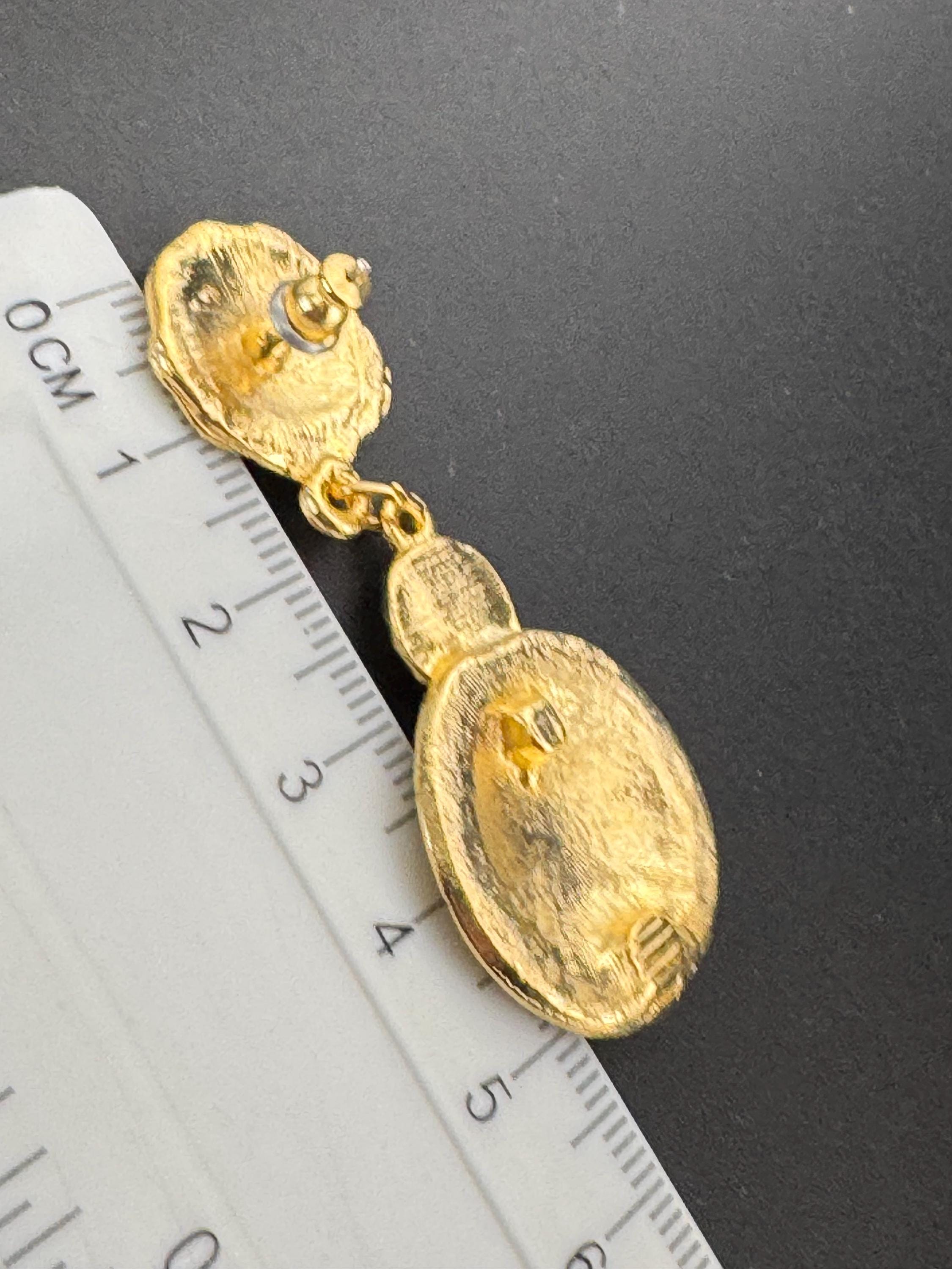 Matt yellow gold plated Etruscan style dangly drop disc earrings for pierced ears