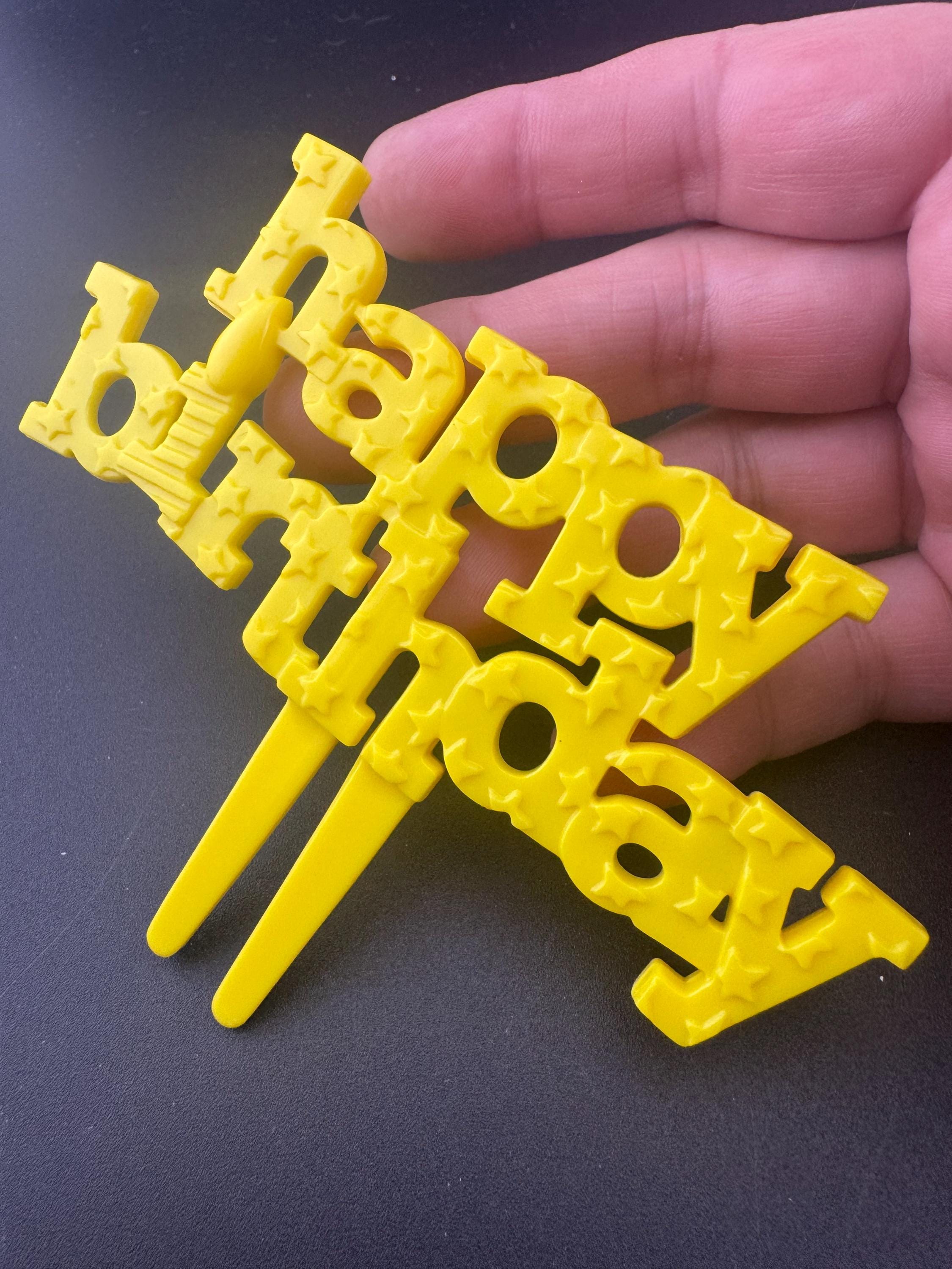 Vintage YELLOW Happy Birthday Cake Decoration Topper with stars and candle detail celebration cake