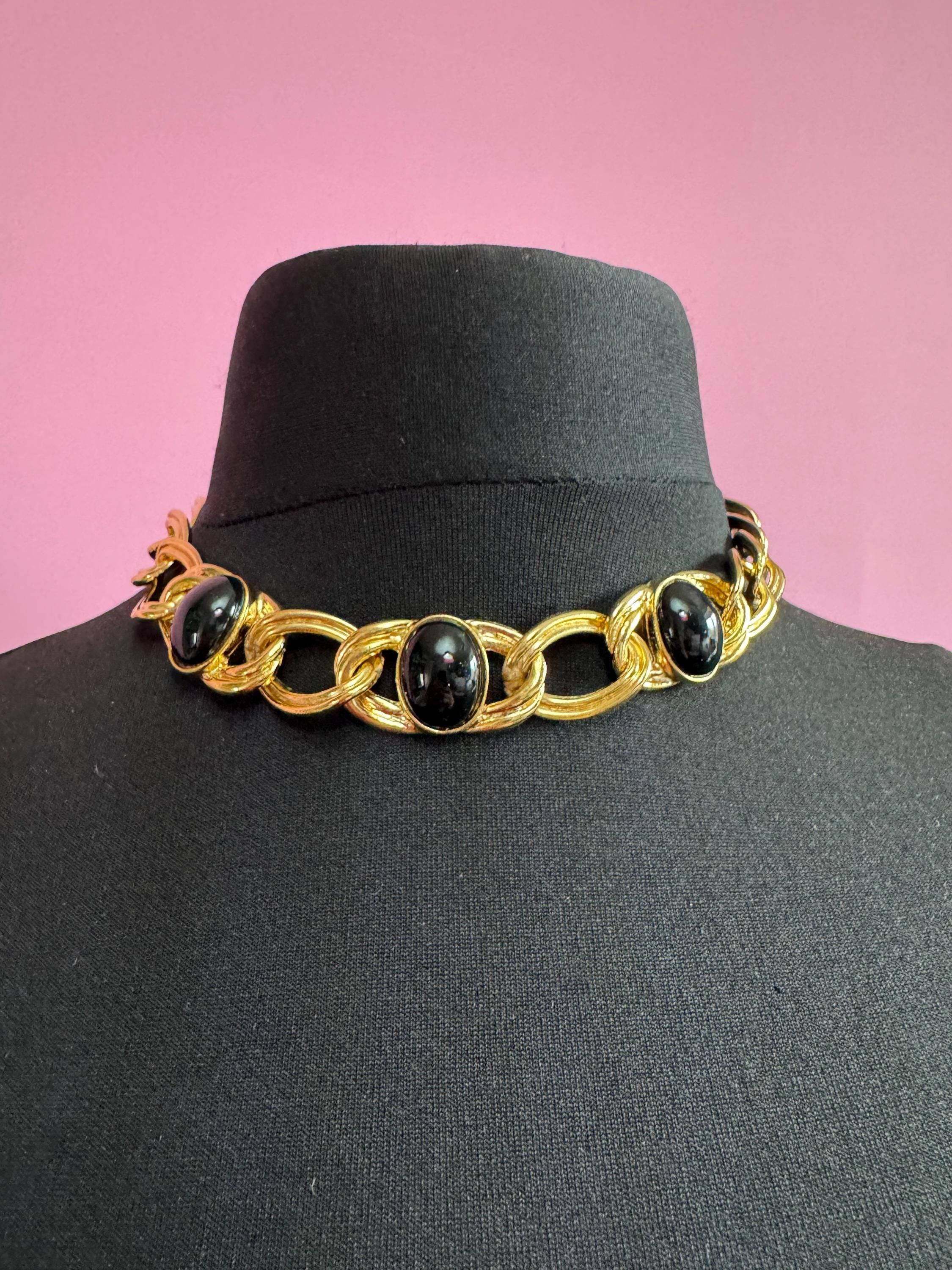 Vintage Gold Tone Curb Chain Choker Necklace with Black Cabochons
