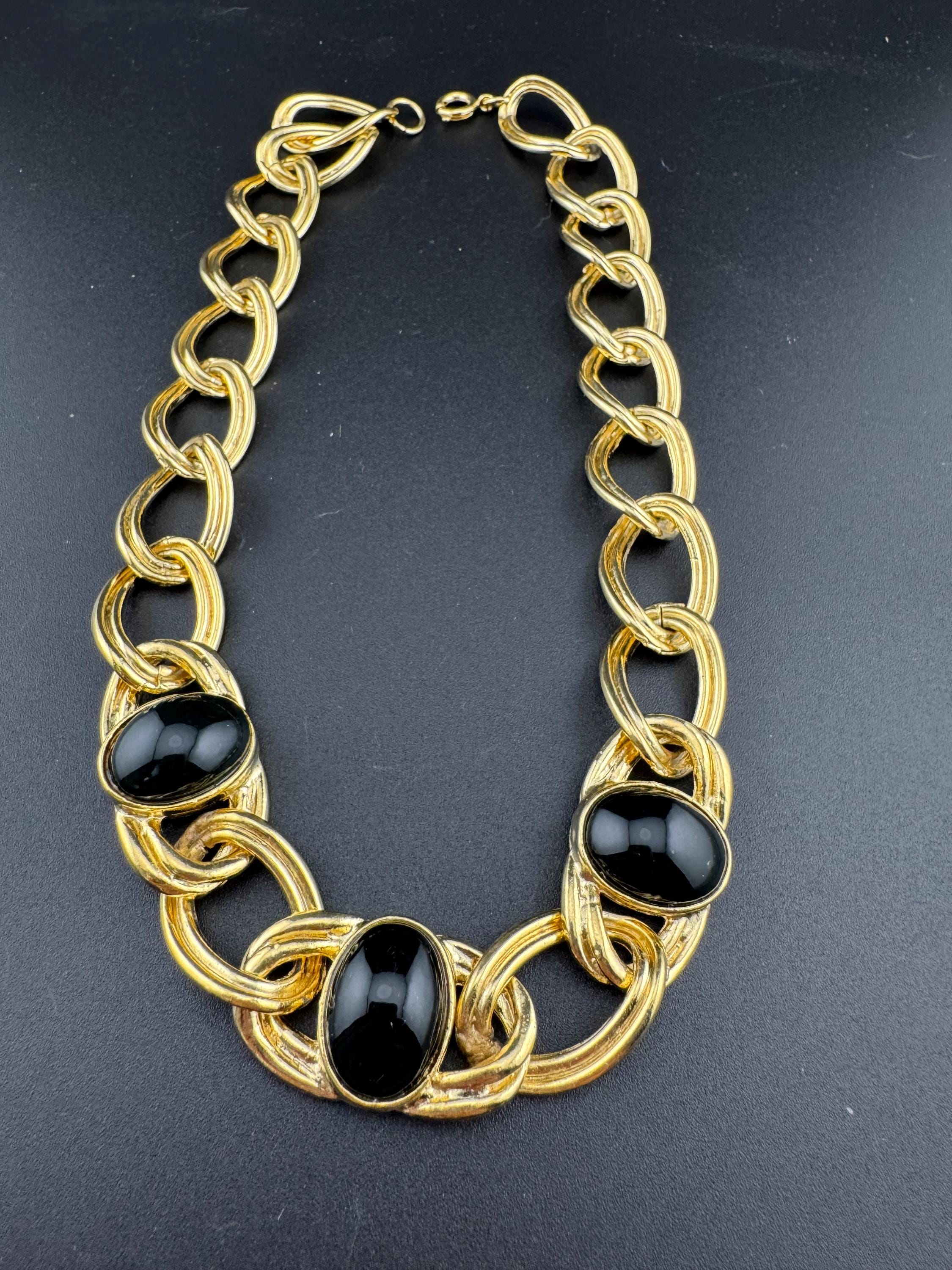 Vintage Gold Tone Curb Chain Choker Necklace with Black Cabochons
