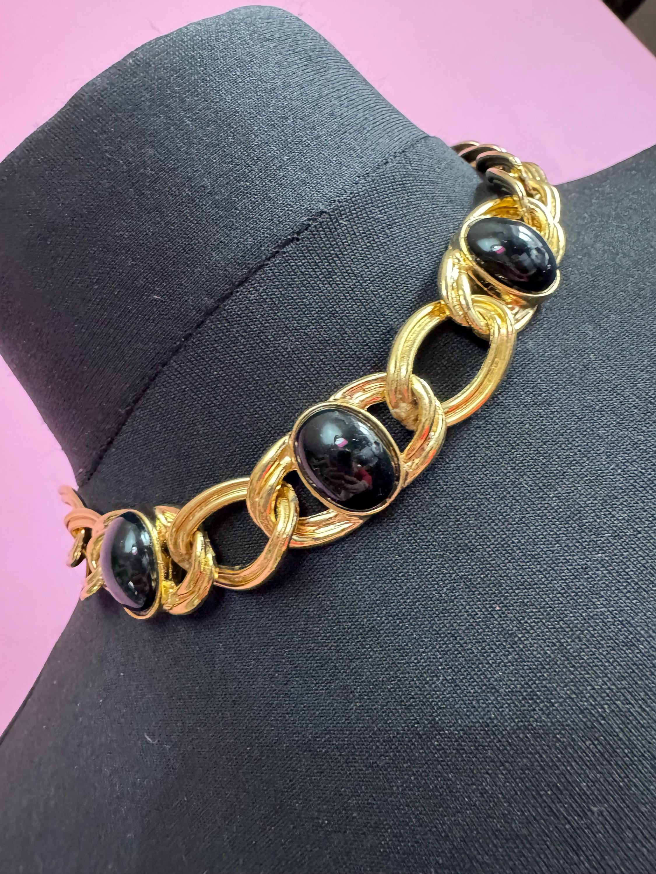 Vintage Gold Tone Curb Chain Choker Necklace with Black Cabochons