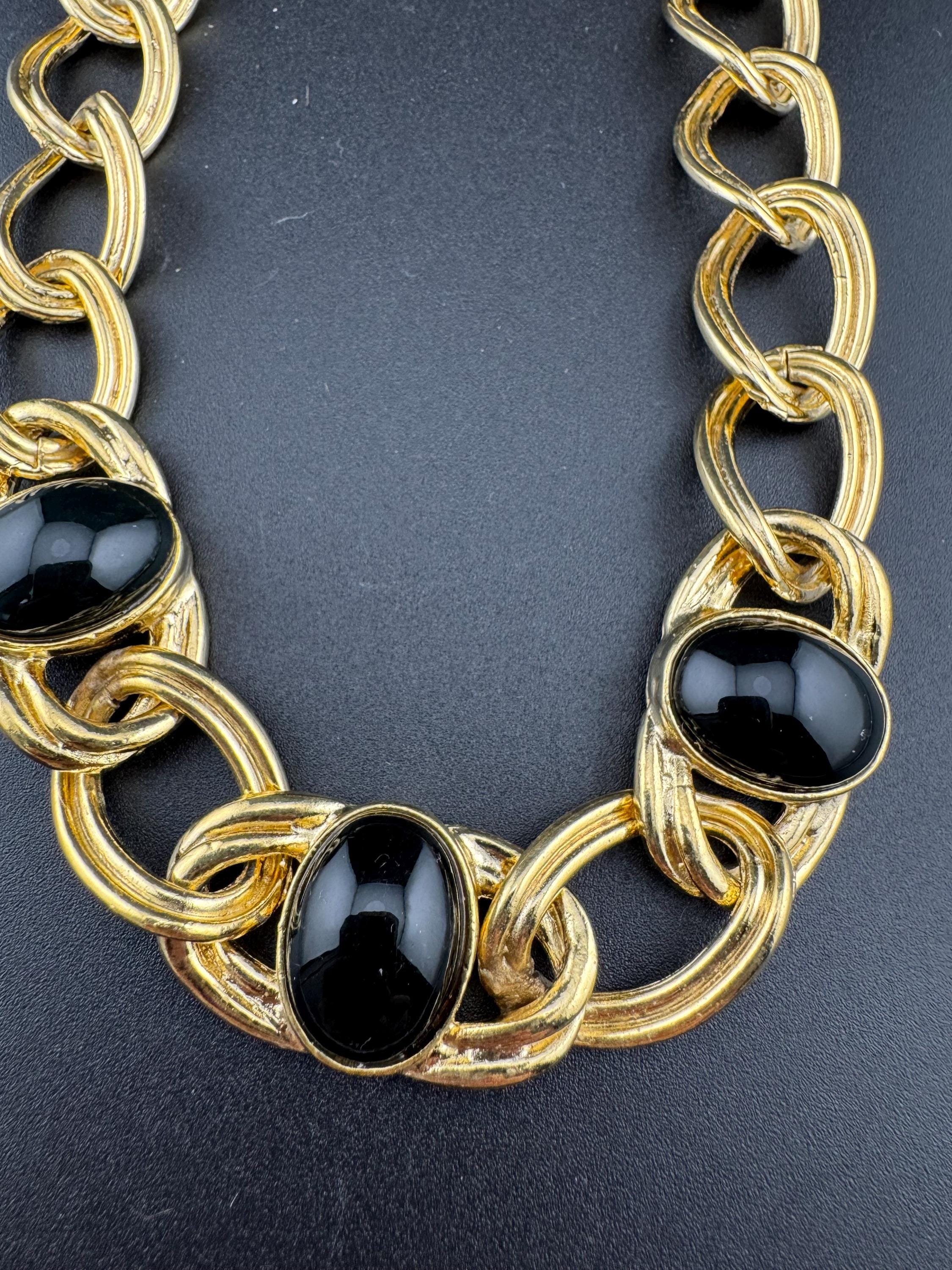 Vintage Gold Tone Curb Chain Choker Necklace with Black Cabochons