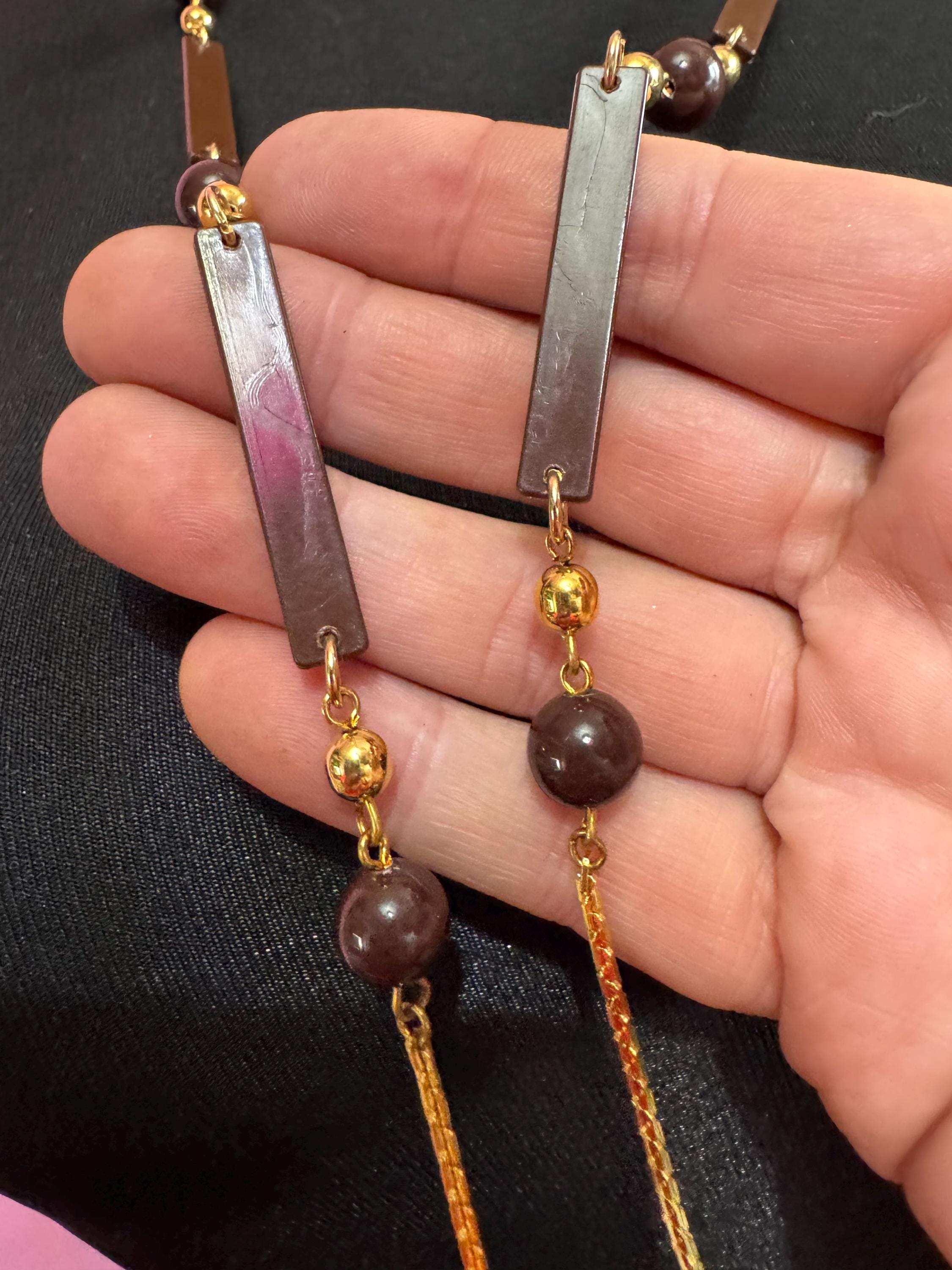 True vintage 105cm long 1980s gold plated chain link brown round and bar beaded station necklace old shop stock