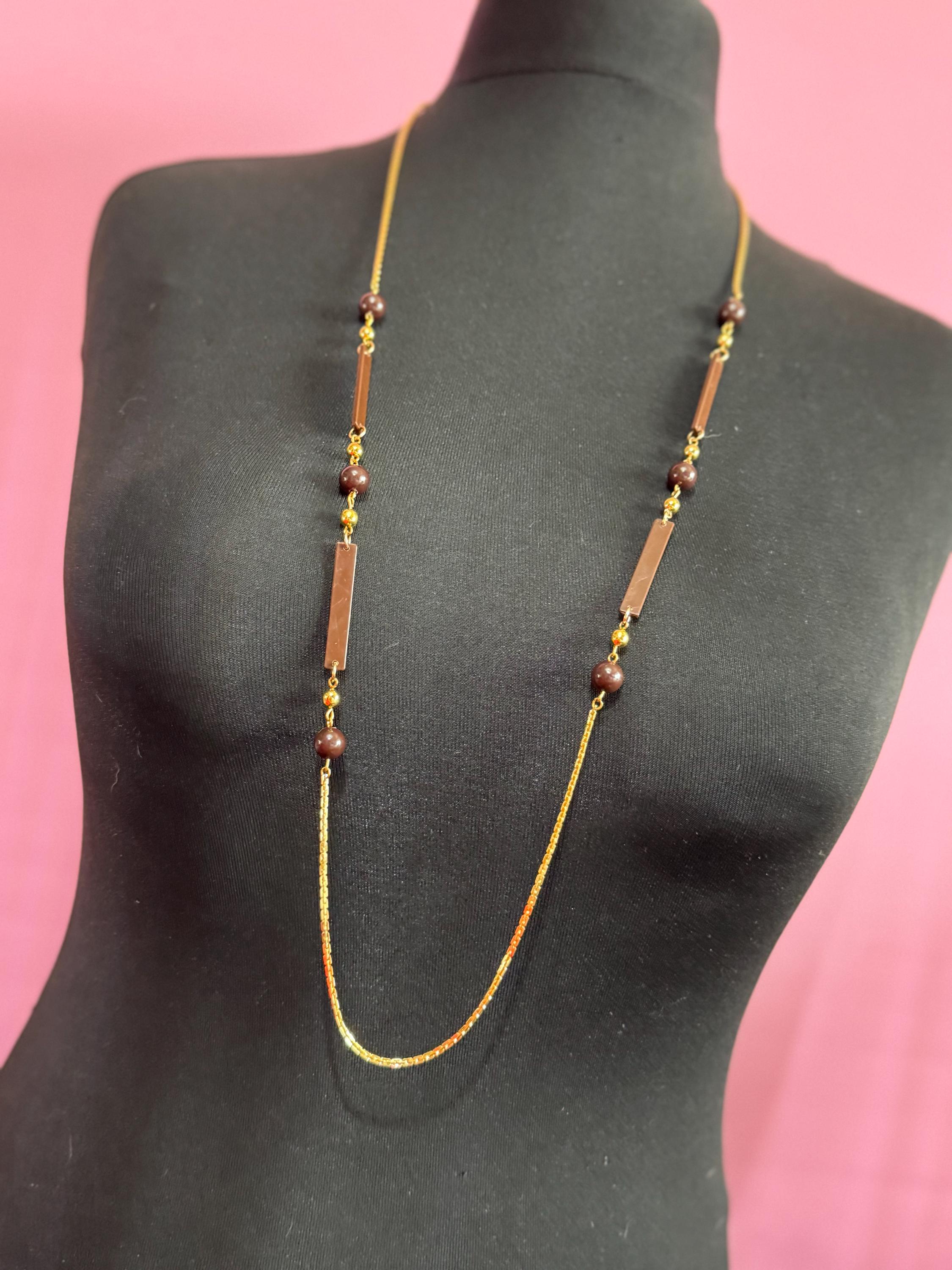 True vintage 105cm long 1980s gold plated chain link brown round and bar beaded station necklace old shop stock