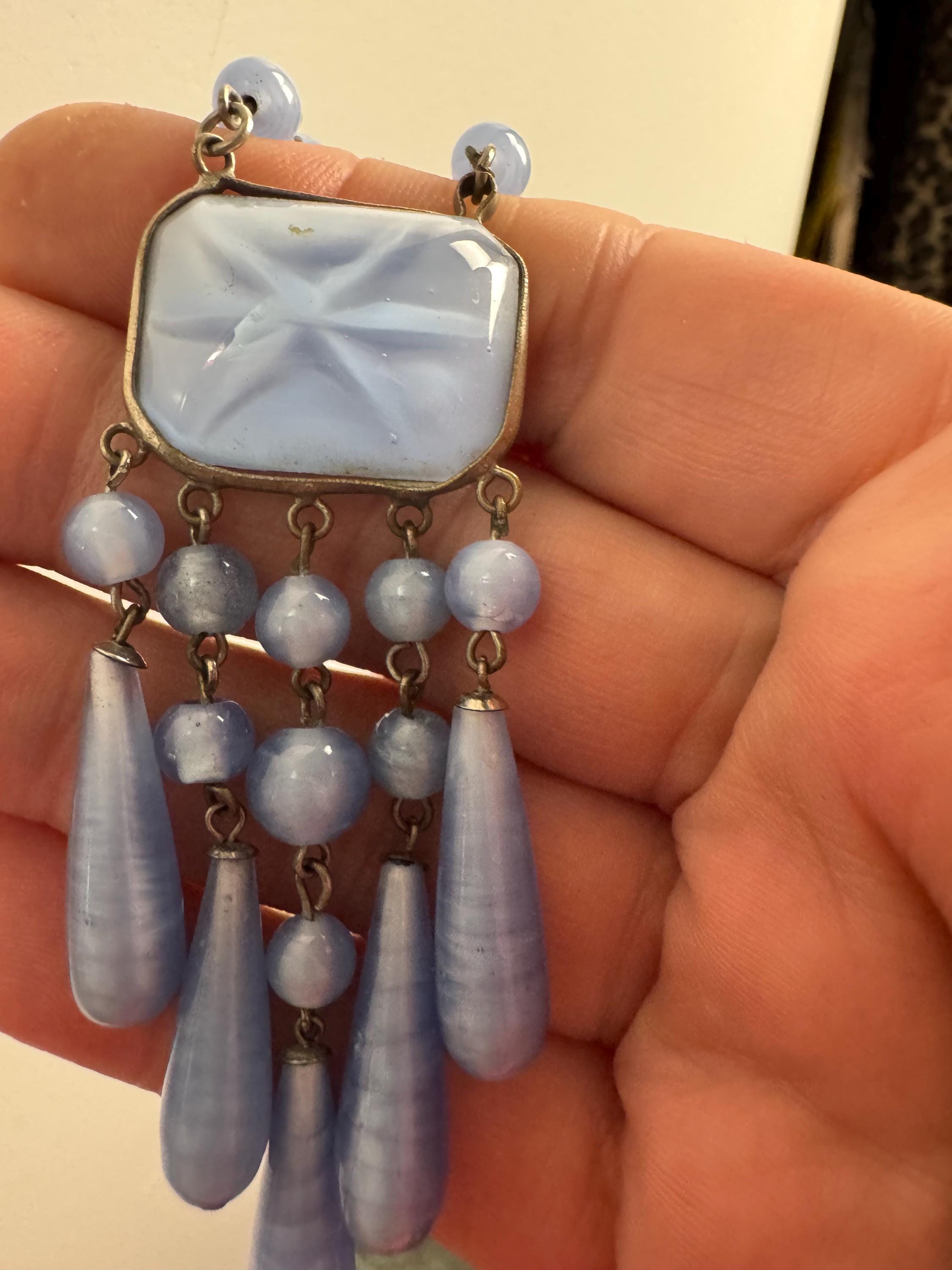 antique Czech glass powder blue satin glass lariat drop beaded necklace