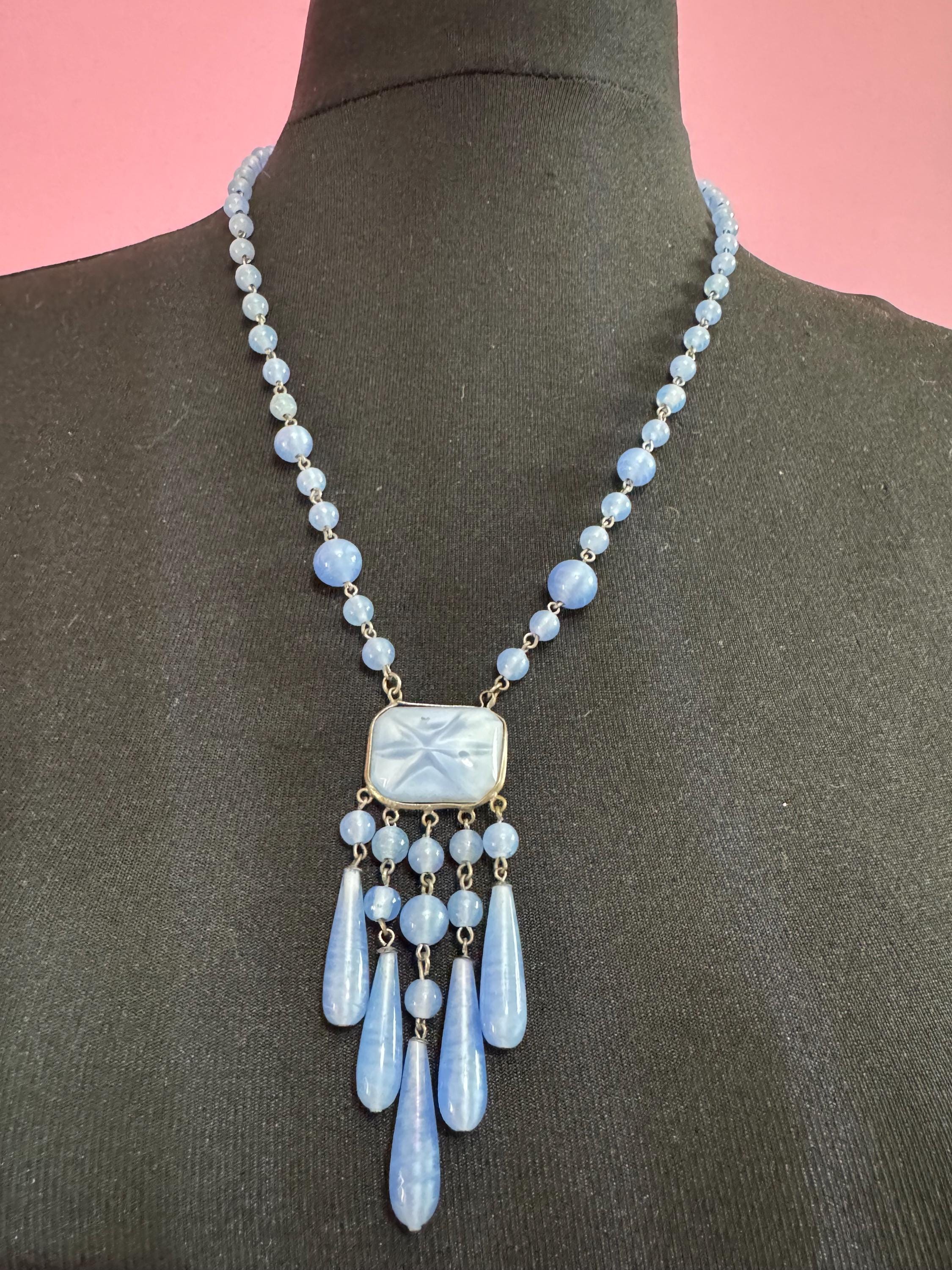antique Czech glass powder blue satin glass lariat drop beaded necklace