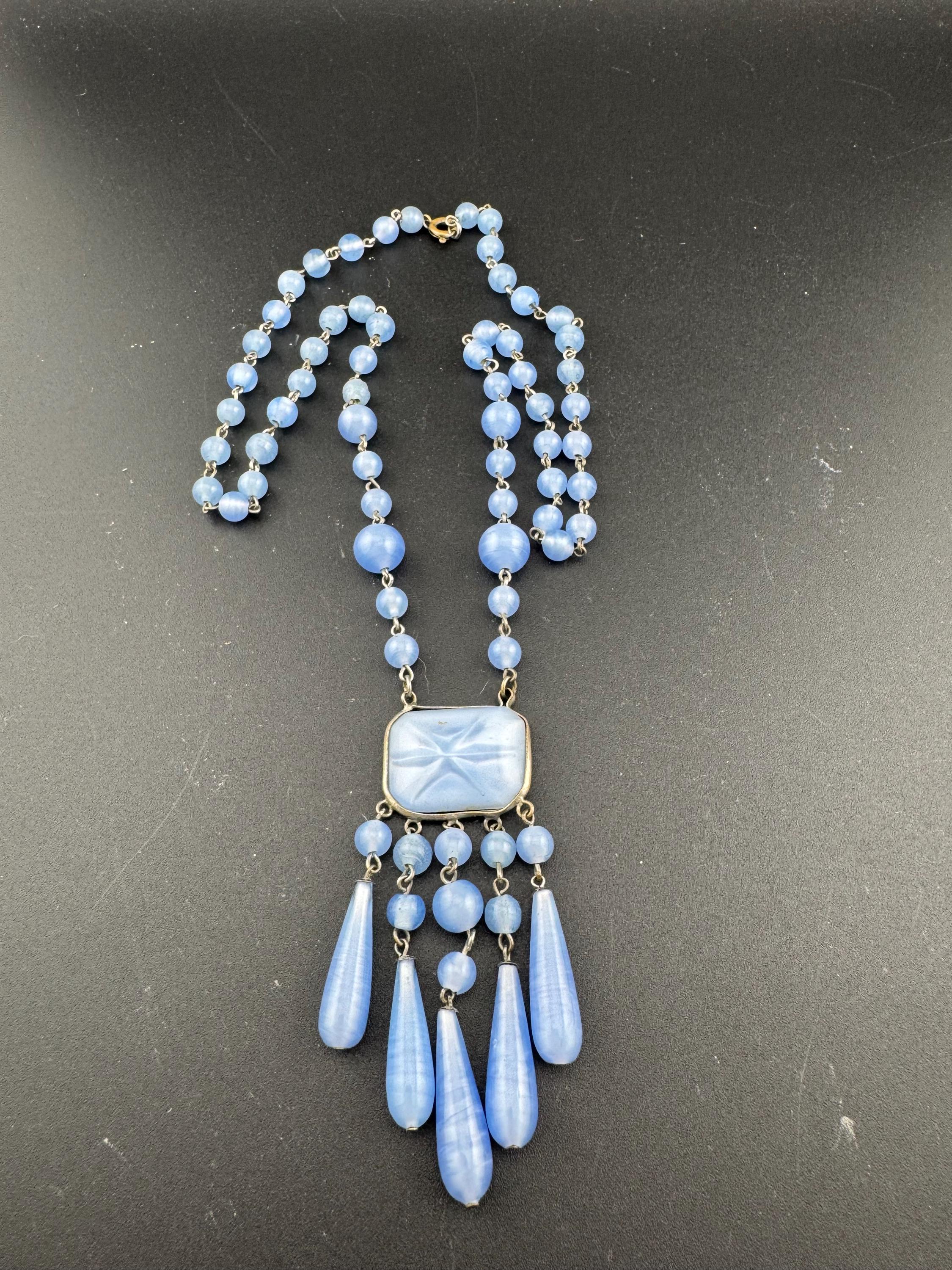 antique Czech glass powder blue satin glass lariat drop beaded necklace