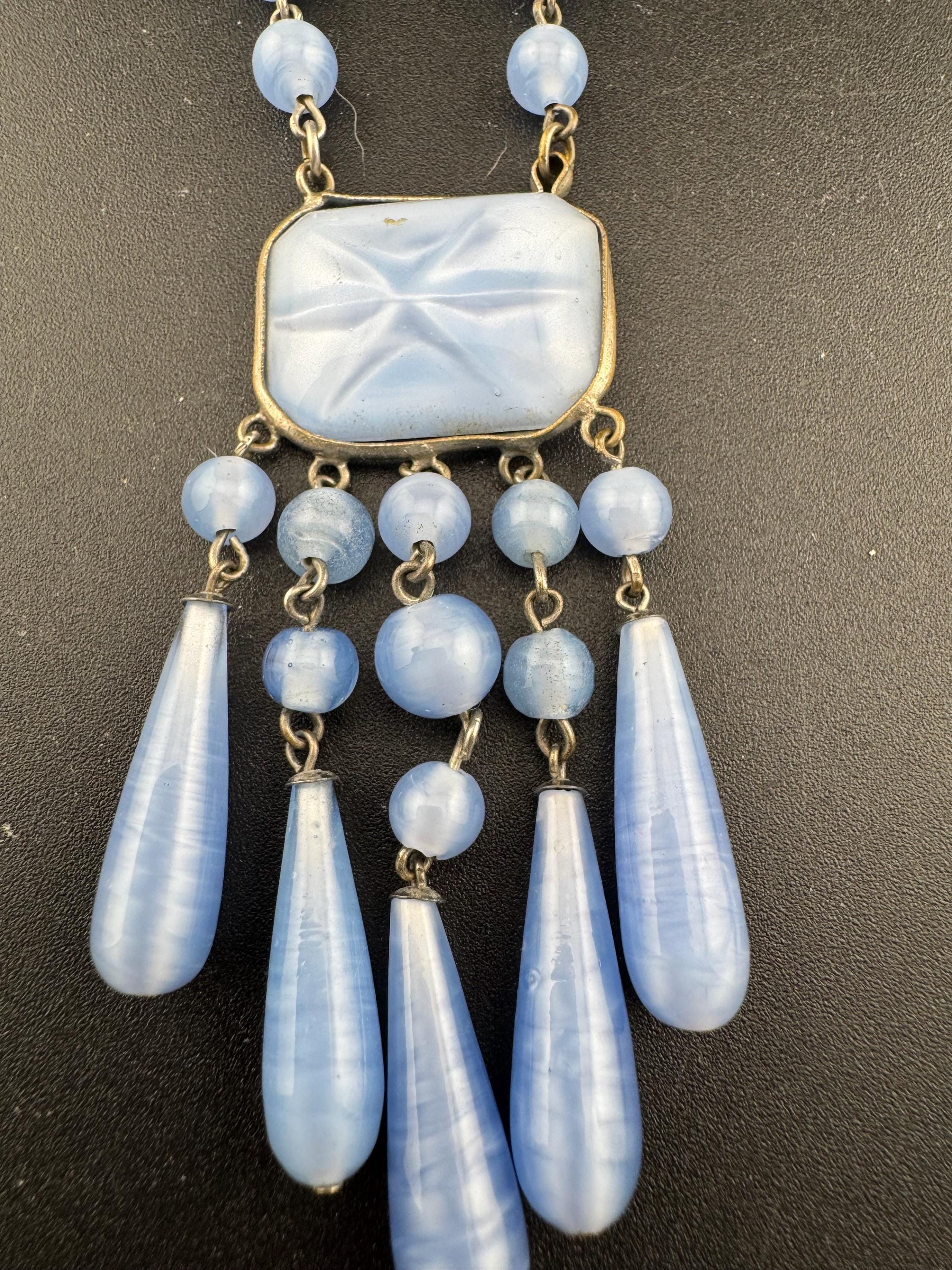 antique Czech glass powder blue satin glass lariat drop beaded necklace