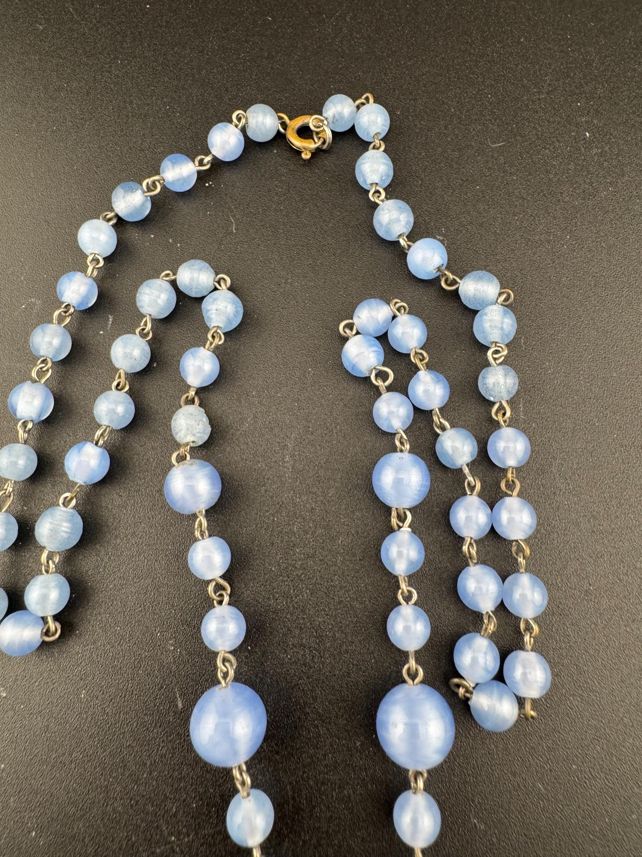 antique Czech glass powder blue satin glass lariat drop beaded necklace
