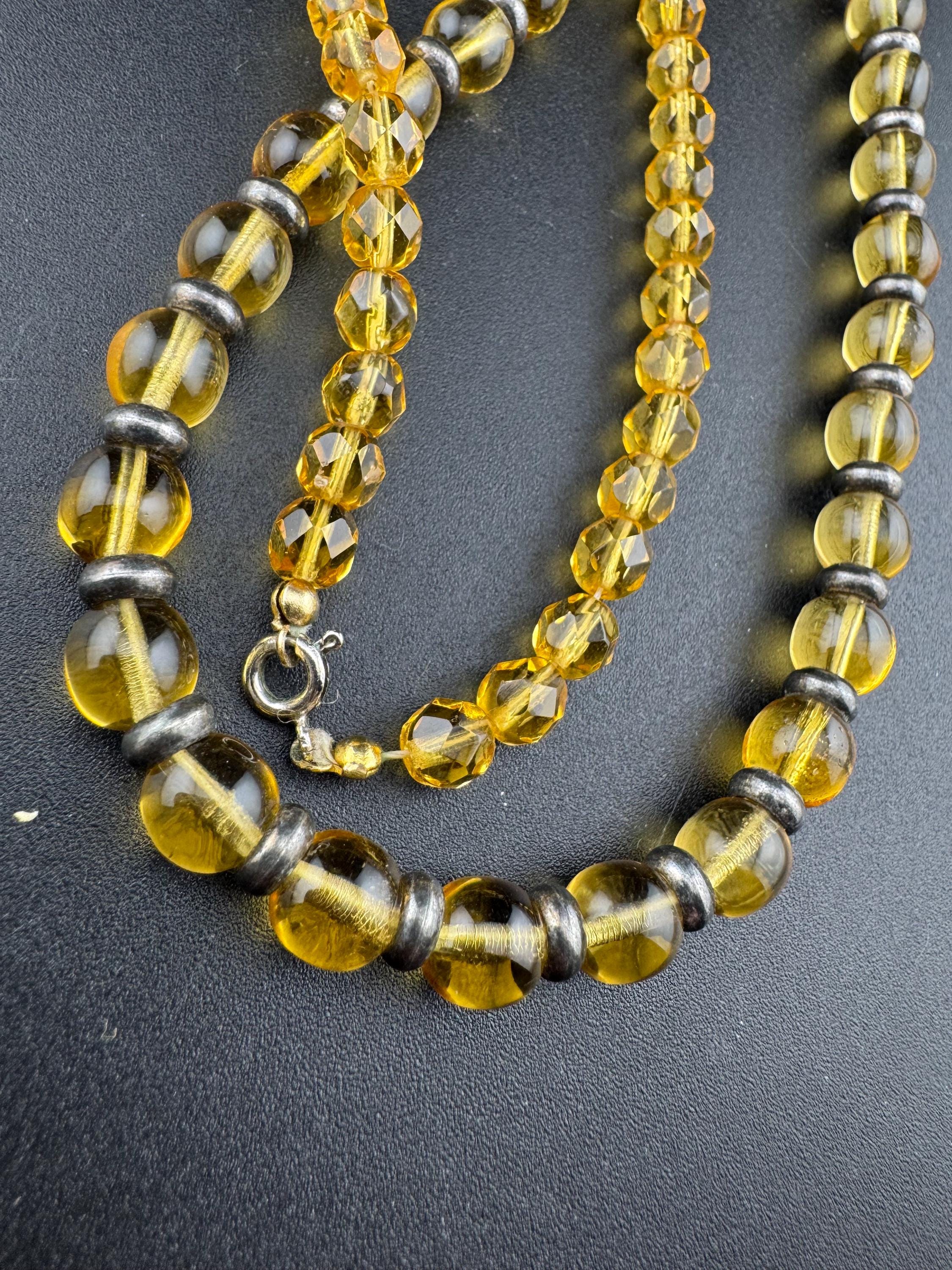 af Antique soft pale amber orange citrine coloured glass faceted crystal Art Deco beaded necklace 1920s 1930s gatsby