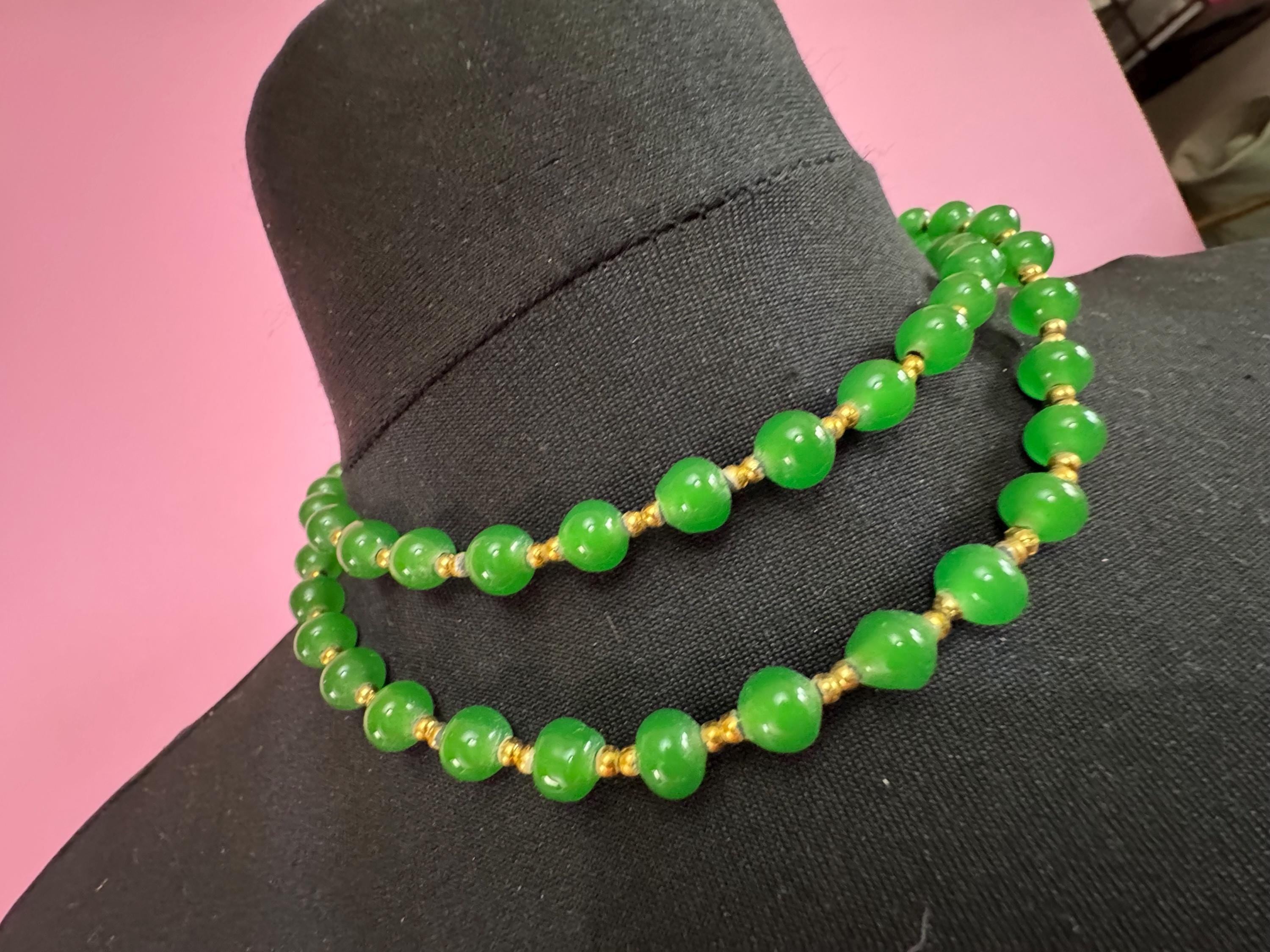 1970s long length jade green tone metal necklace with gemstone glass beads 90cm modernist