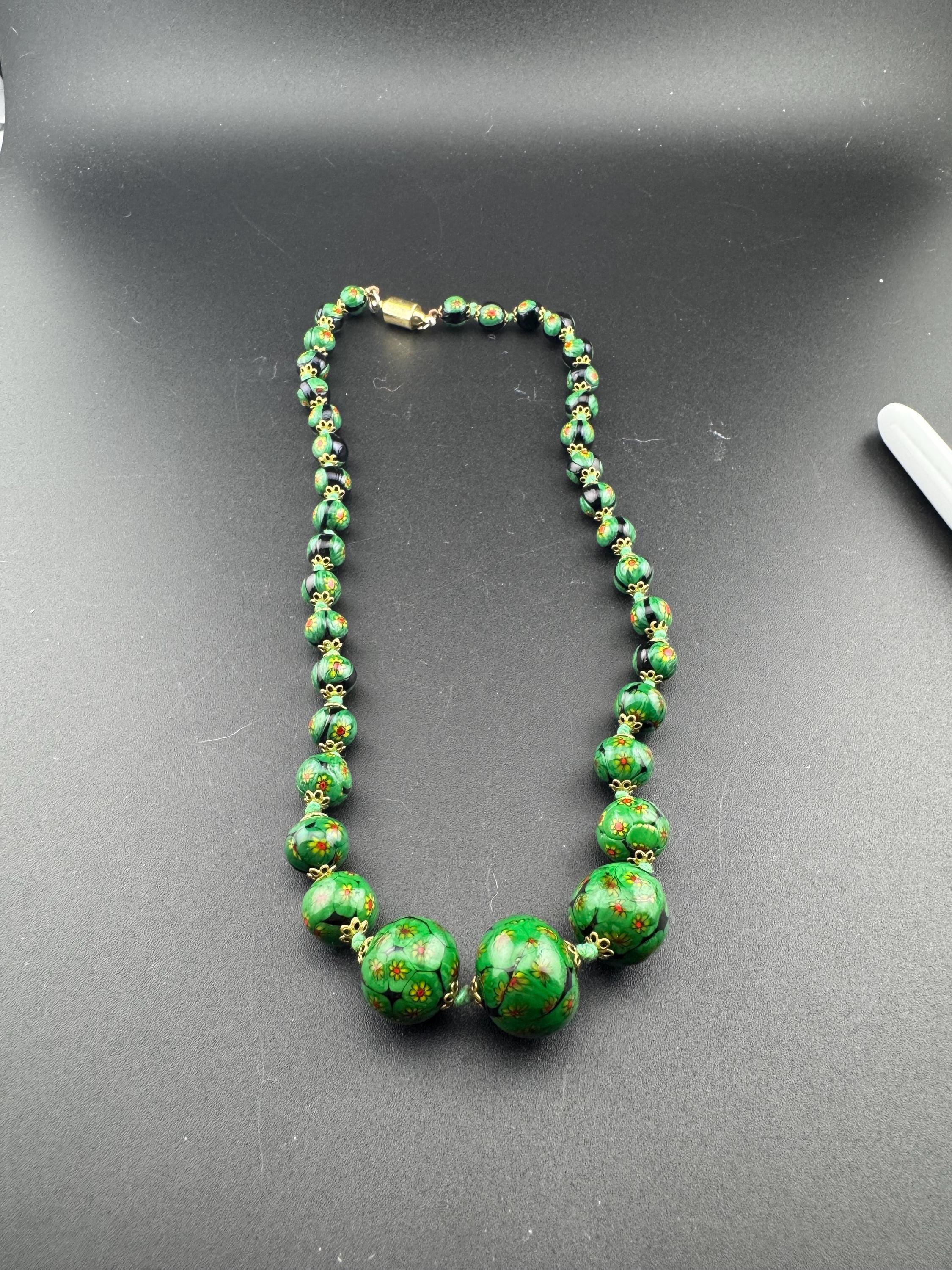 1970s dark green painted art glass or ceramic beaded long necklace with unusual magnetic clasp